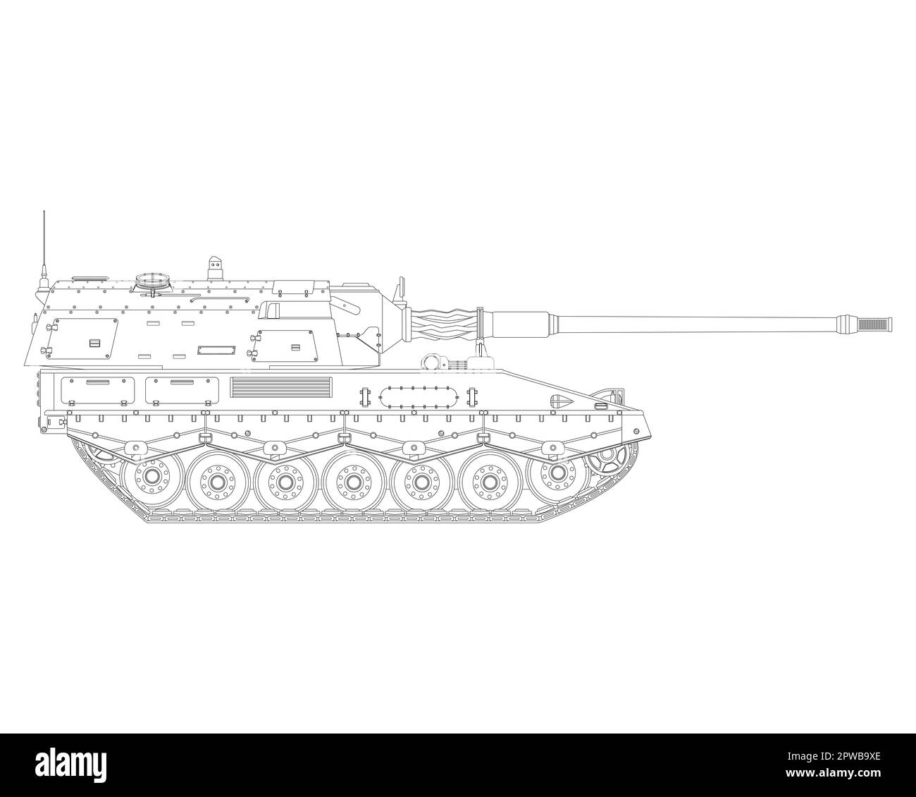 Self-propelled howitzer in line art. German 155 mm Panzerhaubitze 2000. Military armored vehicle. Detailed illustration isolated on white background. Stock Photo
