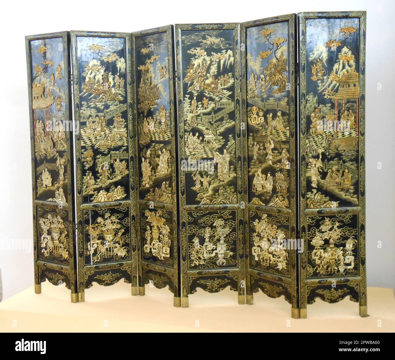 Chinese screen with golden details on a black background Stock Photo Alamy