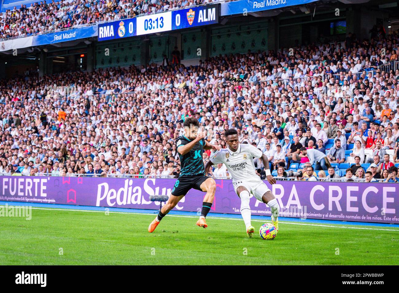 Mardrid, Spain. 29th Apr, 2023. Vinicius Junior (Real Madrid) in action  during the football match between&#xA;Real Madrid and Almeria&#xA;valid for  the match day 32 of the Spanish first division league “La Liga”