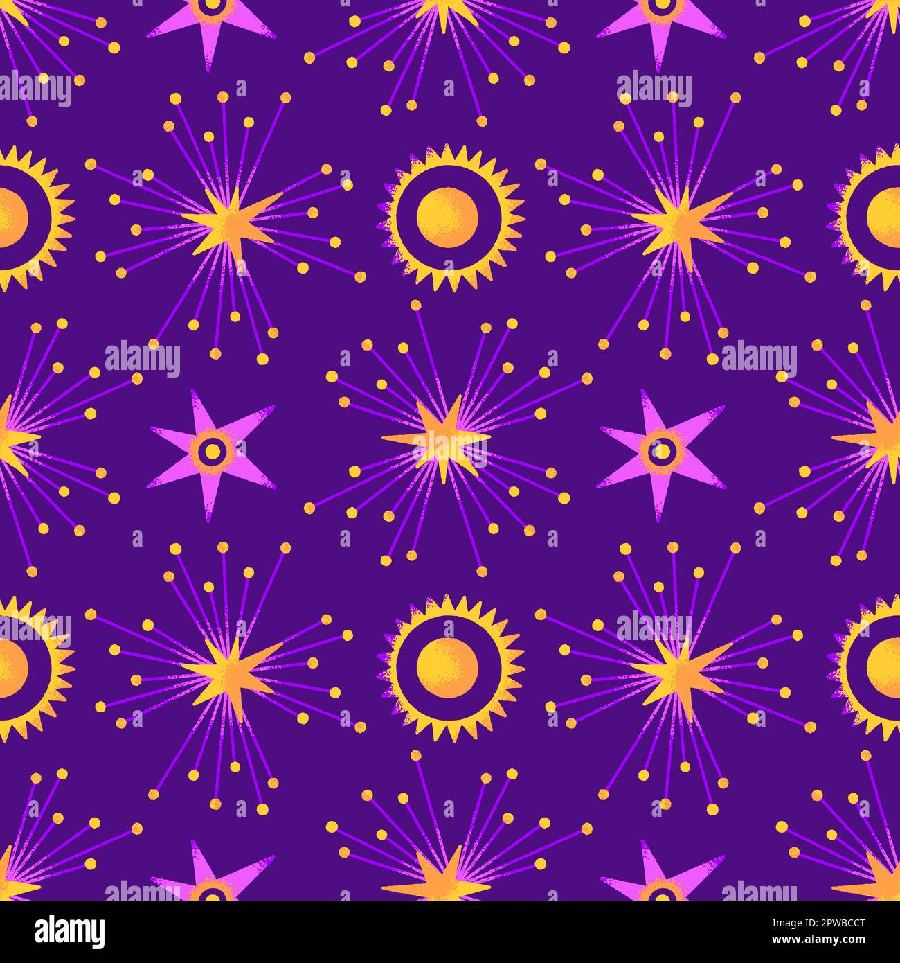 Vector seamless cosmic pattern of planets and stars on dark purple background. Repeating celestial design. Abstract space. Astronomy, astrology, esotericism. Wallpaper, wrapping paper, textile Stock Vector