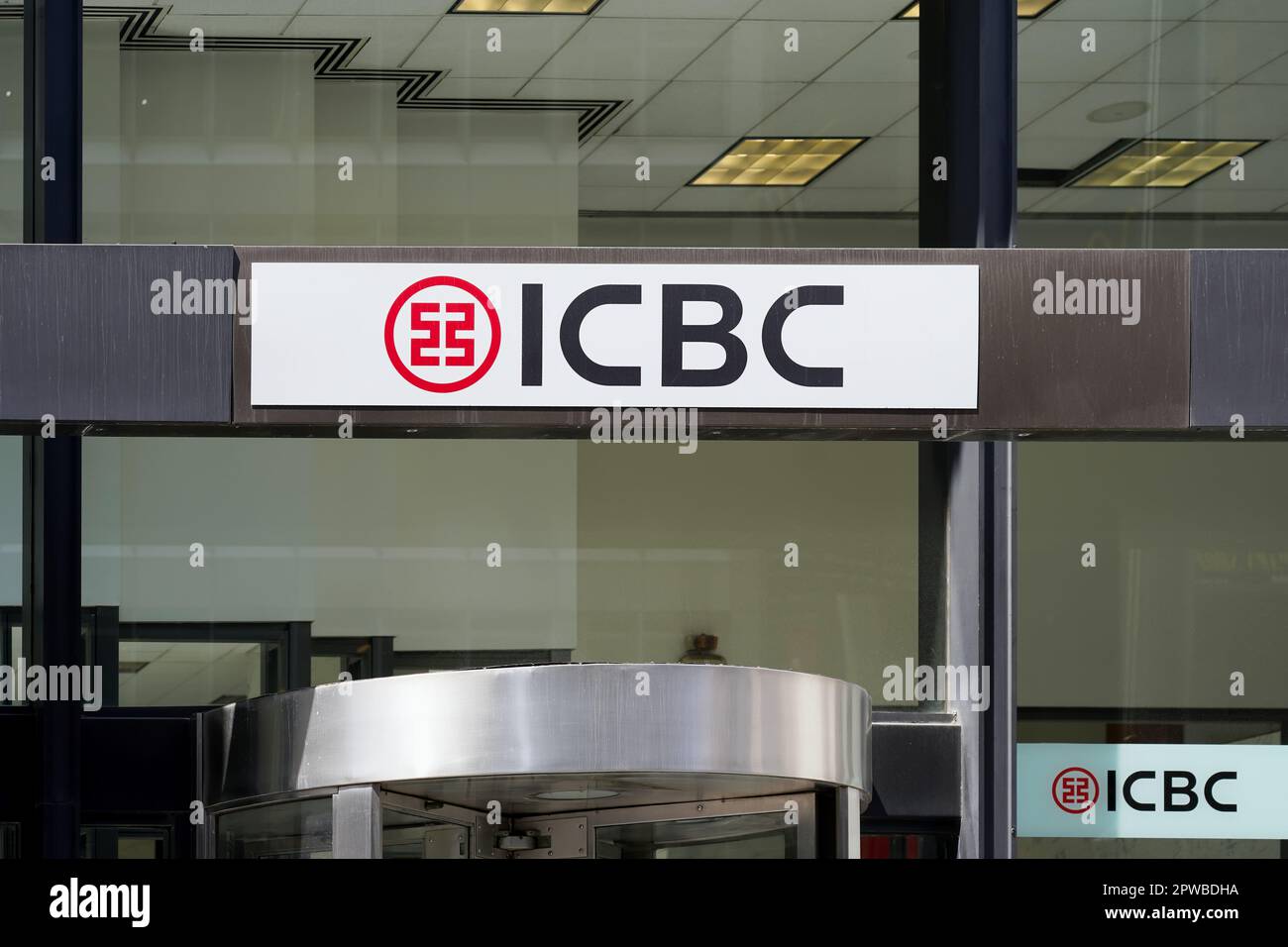 New York, NY - April 26, 2023 : Industrial and Commercial Bank of China Midtown, Manhattan office entrance with logo sign Stock Photo