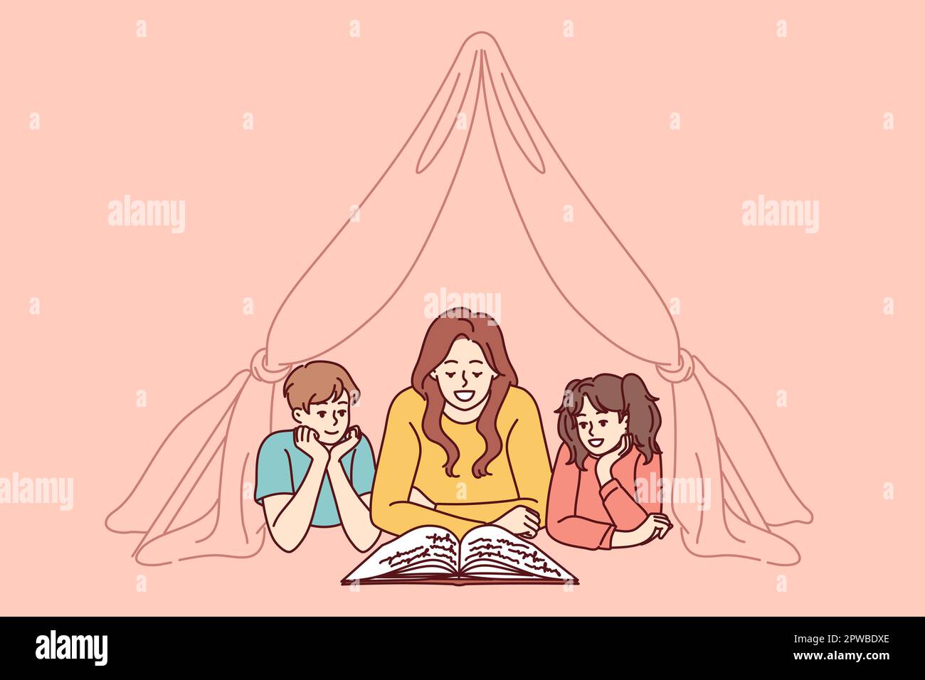 Nanny and two small children reading book lying on floor in tent enjoying fairy tale story Stock Vector