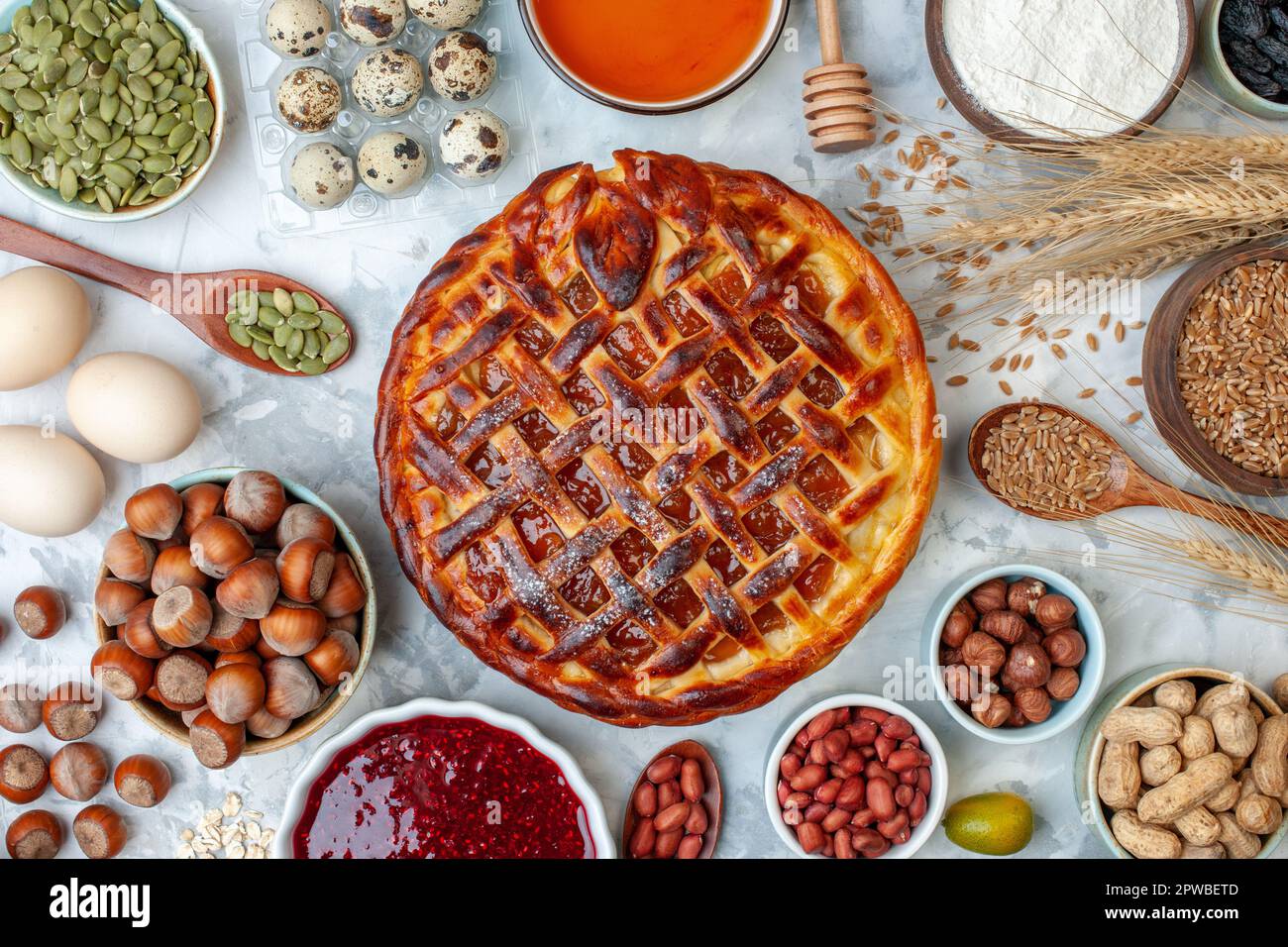 top view yummy fruity pie with nuts and eggs on light background bake