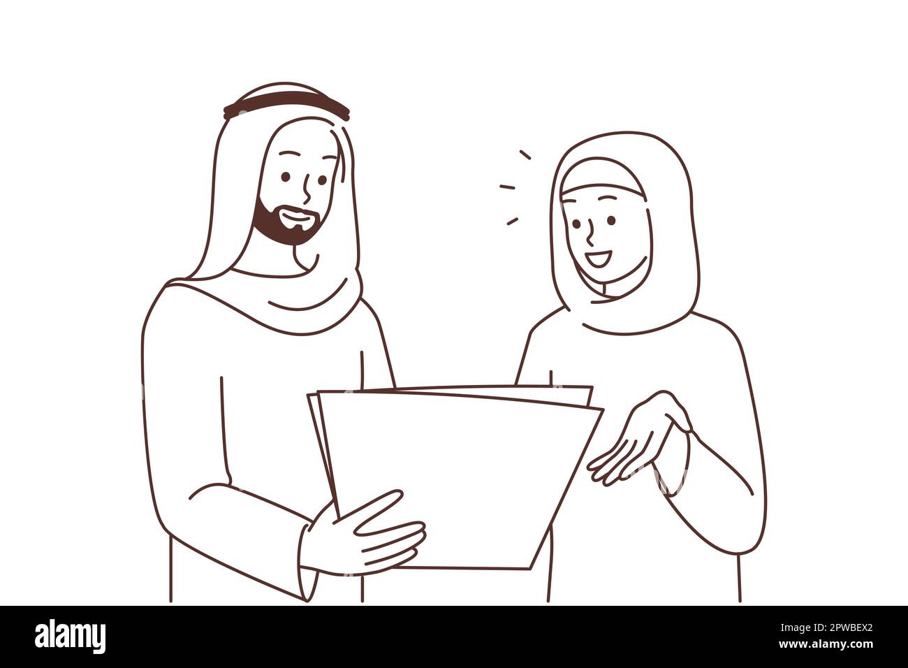 Smiling Arabic businesspeople discuss paperwork Stock Vector