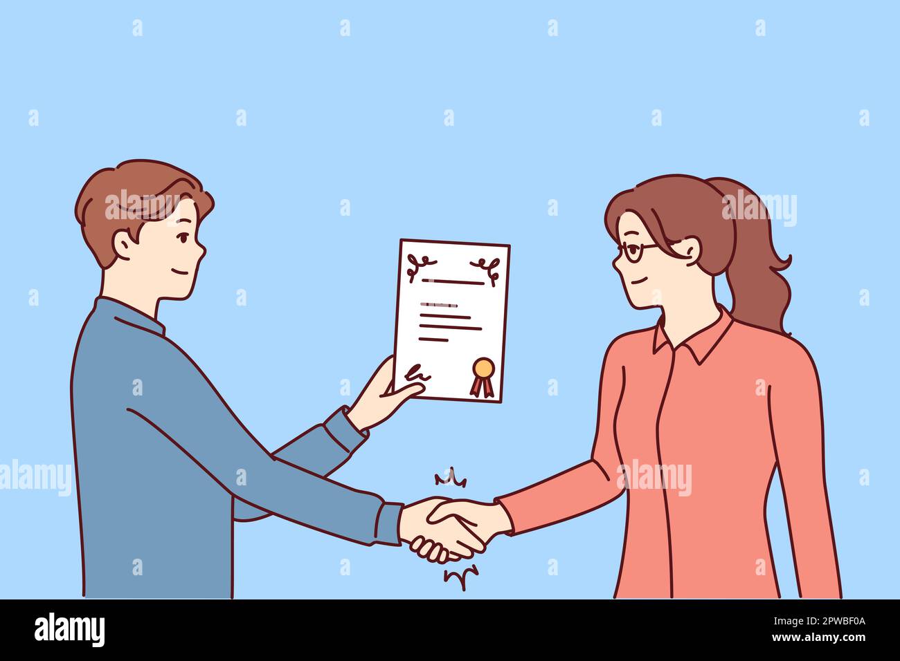 Boss gives certificate to woman for successful launch of project or increase in company profits. Stock Vector