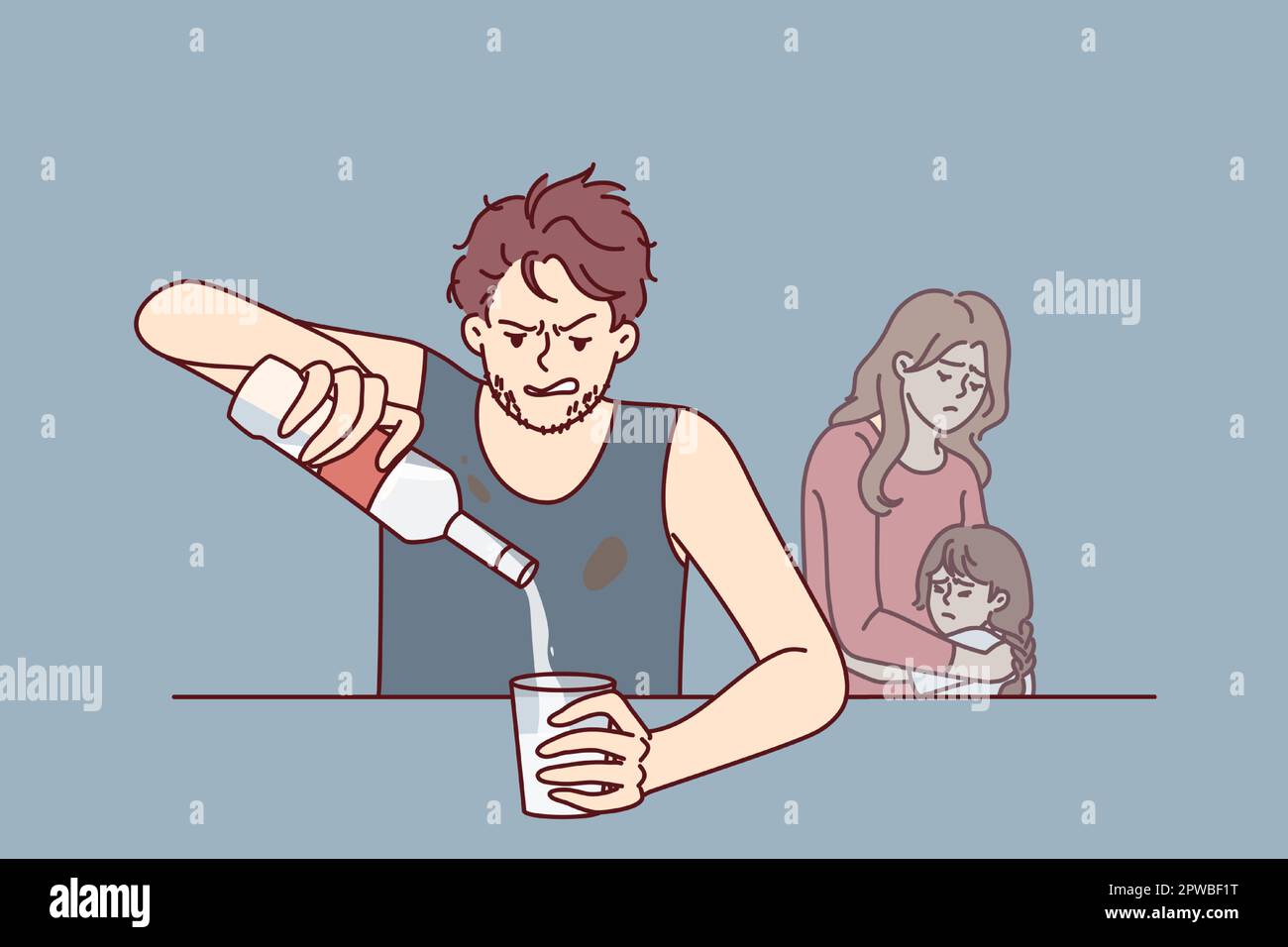Drinking father sitting at table, pours vodka into glass, ignoring upset wife and little daughter Stock Vector