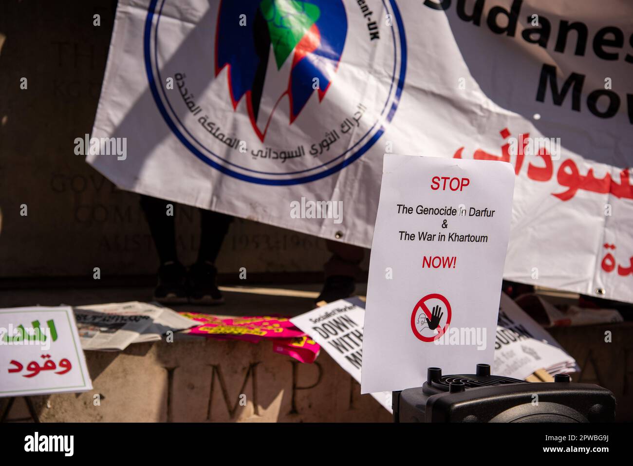 London, UK. 29th Apr, 2023. placards are displayed during the Stop the War in Sudan Protest at Downing Street in London. Sudanese organisations around the world organized demonstrations on 28 and 29 April to call for an end to the war in Sudan. Credit: SOPA Images Limited/Alamy Live News Stock Photo