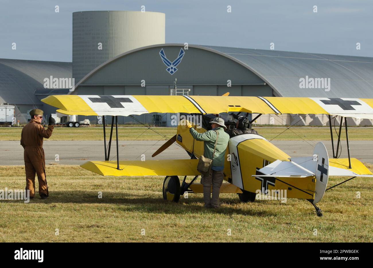 FOKKER D-VII replica airplane named Fat Fokker. Biplane. N2466C. 2022 Dawn Patrol Rendezvous. An event of replica World War 1 aircraft, offered by the Stock Photo