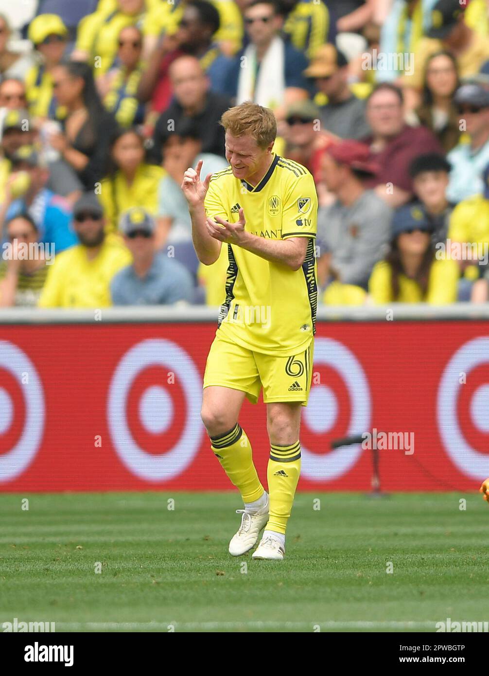 April 29, 2023: Nashville SC midfielder Dax McCarty (6) gestures to the  bench on a shot on goal against the Atlanta United during the second half  of an MLS game between Atlanta