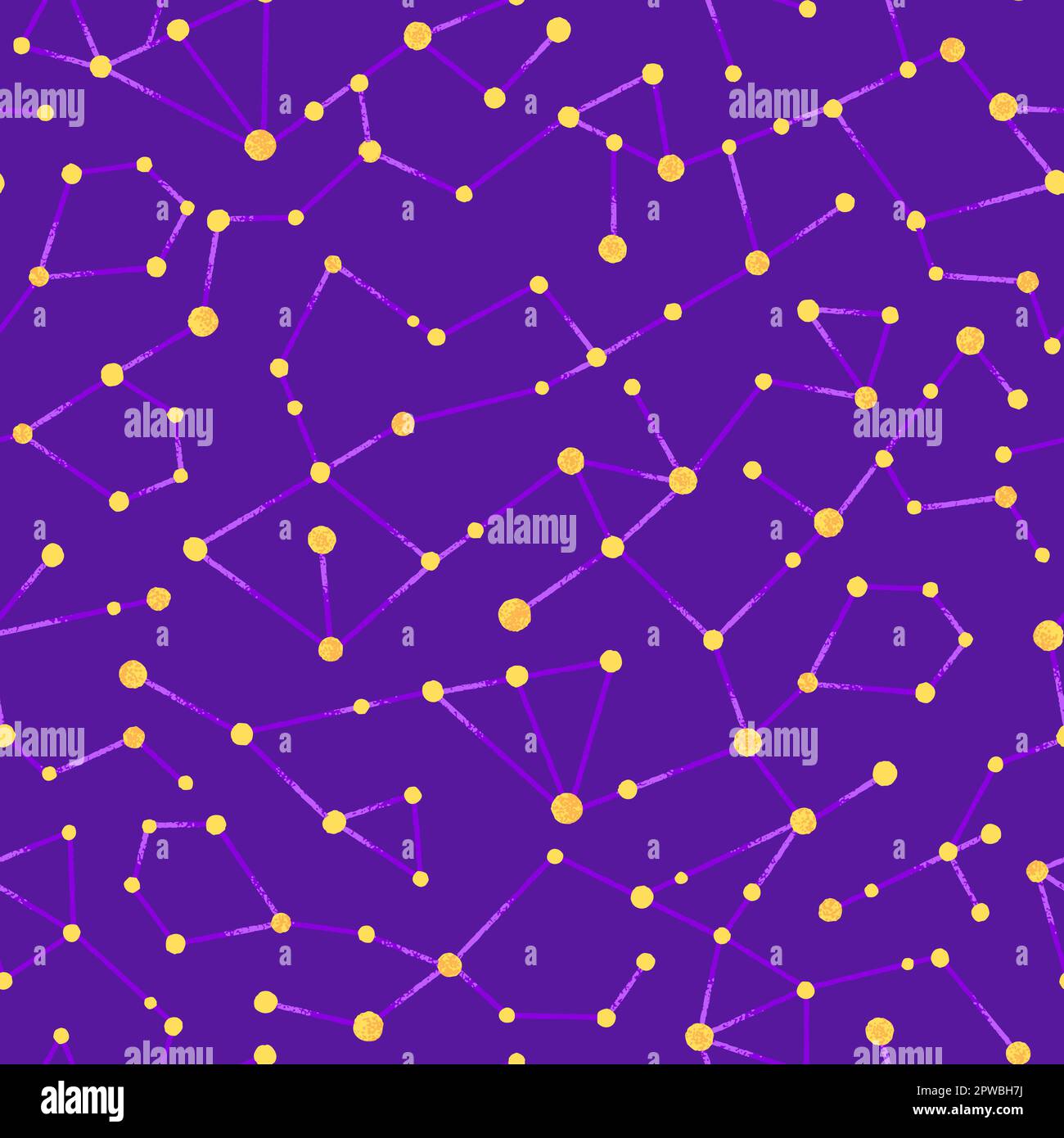 Vector seamless cosmic pattern of yellow constellations on dark purple background. Repeating celestial design. Abstract space. Astronomy, astrology, esotericism. Wallpaper, wrapping paper, textile Stock Vector