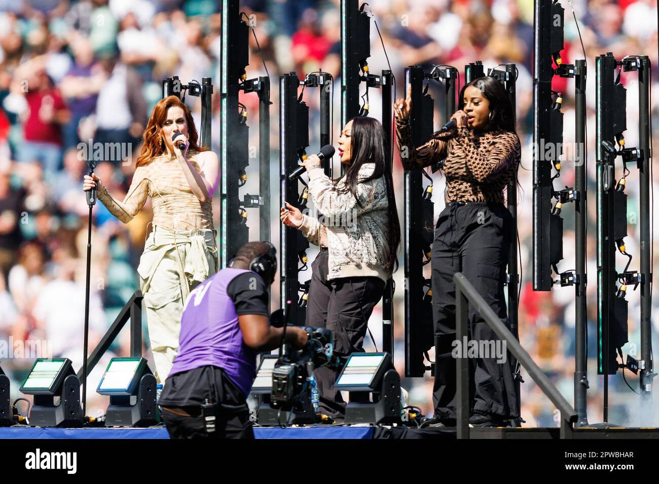 The Suga Babes perform at half-time during the TikTok Womens Six Nations  match England vs France at Twickenham Stadium, Twickenham, United Kingdom,  29th April 2023 (Photo by Nick BrowningNews Images Stock Photo -