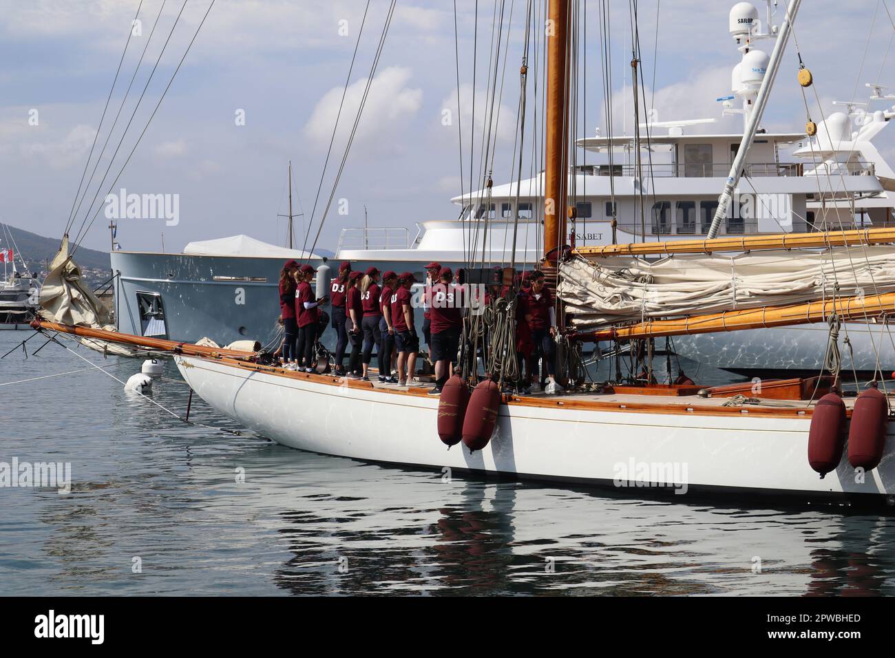April 29th 2023 Saint-Tropez, France. D3 and Sagittarius sailings race in the port of  Saint-Tropez, France landscape Credit Ilona Barna, BIPHOTONEWS, Alamy Live News Stock Photo
