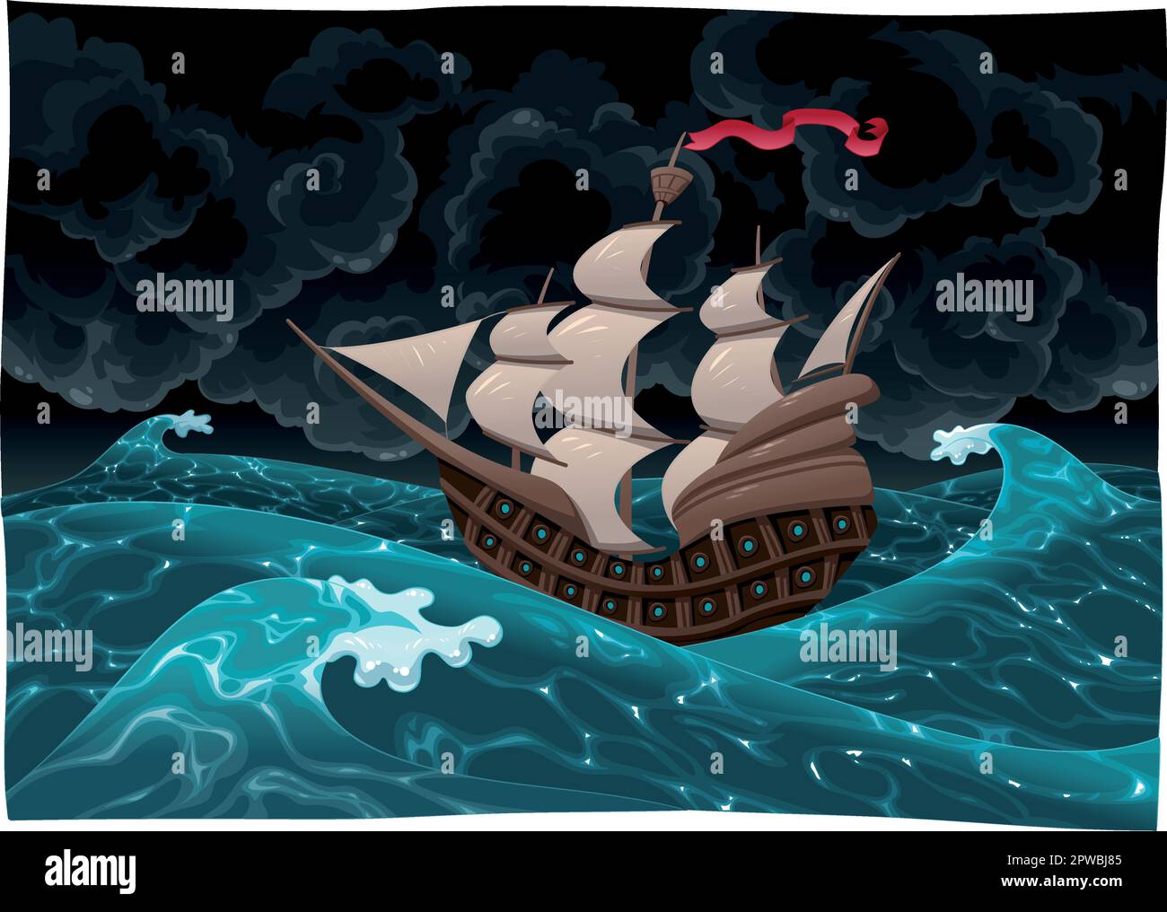 Galleon in the sea with storm.  Cartoon and vector illustration Stock Vector