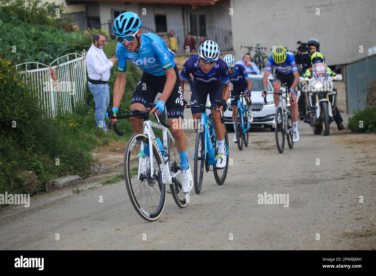 Las Tiendas, Spain, 29th April, 2023: The main group led by Lorenzo Fortunato (EOLO-Kometa, L) together with Einer Augusto Rubio (Movistar Team, 2L) during the 2nd stage of the Vuelta a Asturias 2023 between Candas and Cangas del Narcea, on April 29, 2023, in Las Tiendas, Spain. Credit: Alberto Brevers / Alamy Live News Stock Photo