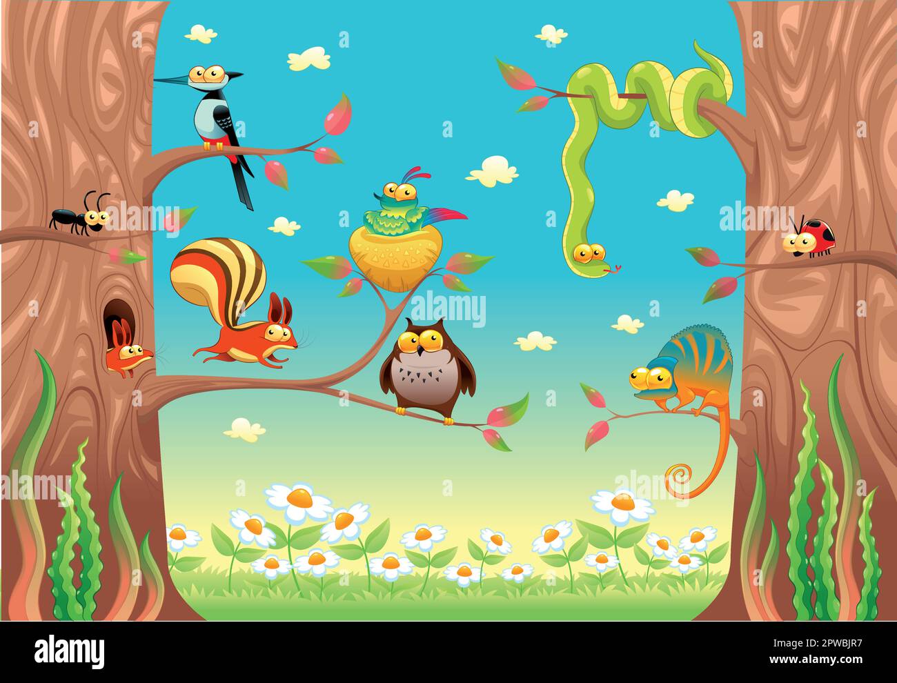 Funny animals on branches. Cartoon and vector scene, isolated objects. Stock Vector