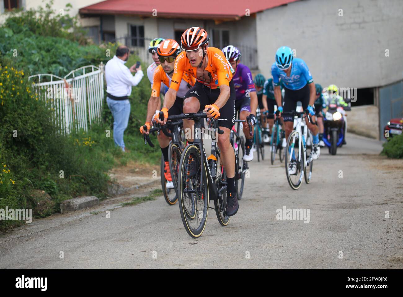 Las Tiendas, Spain, 29th April, 2023: Euskaltel - Euskadi riders Joan Bau (2L) and Mikel Bizkarra (L) lead the chasing group during the 2nd stage of the Vuelta a Asturias 2023 between Candas and Cangas del Narcea, the April 29, 2023, in Las Tiendas, Spain. Credit: Alberto Brevers / Alamy Live News Stock Photo