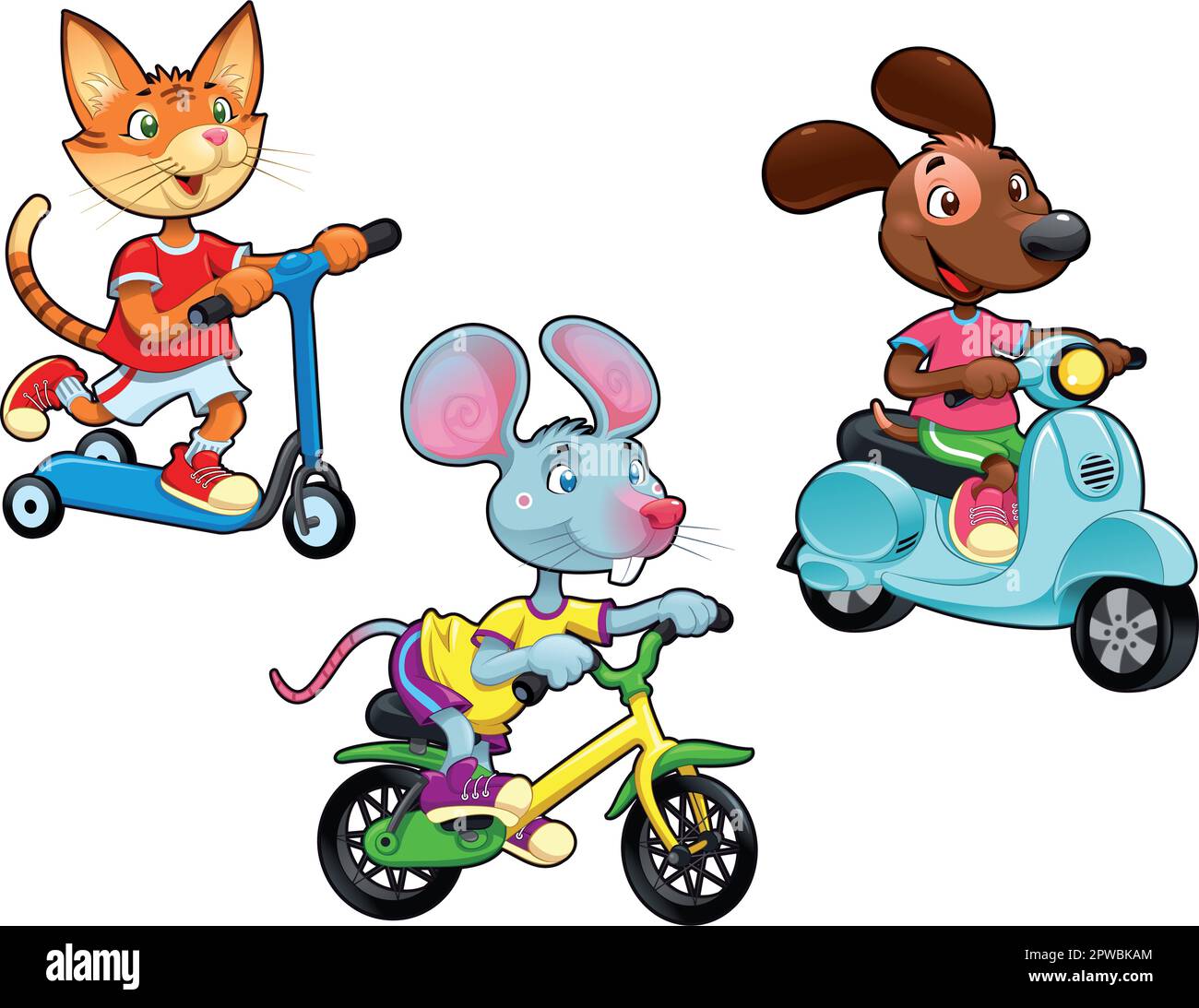 Animals on vehicles. Funny cartoon and vector isolated characters Stock