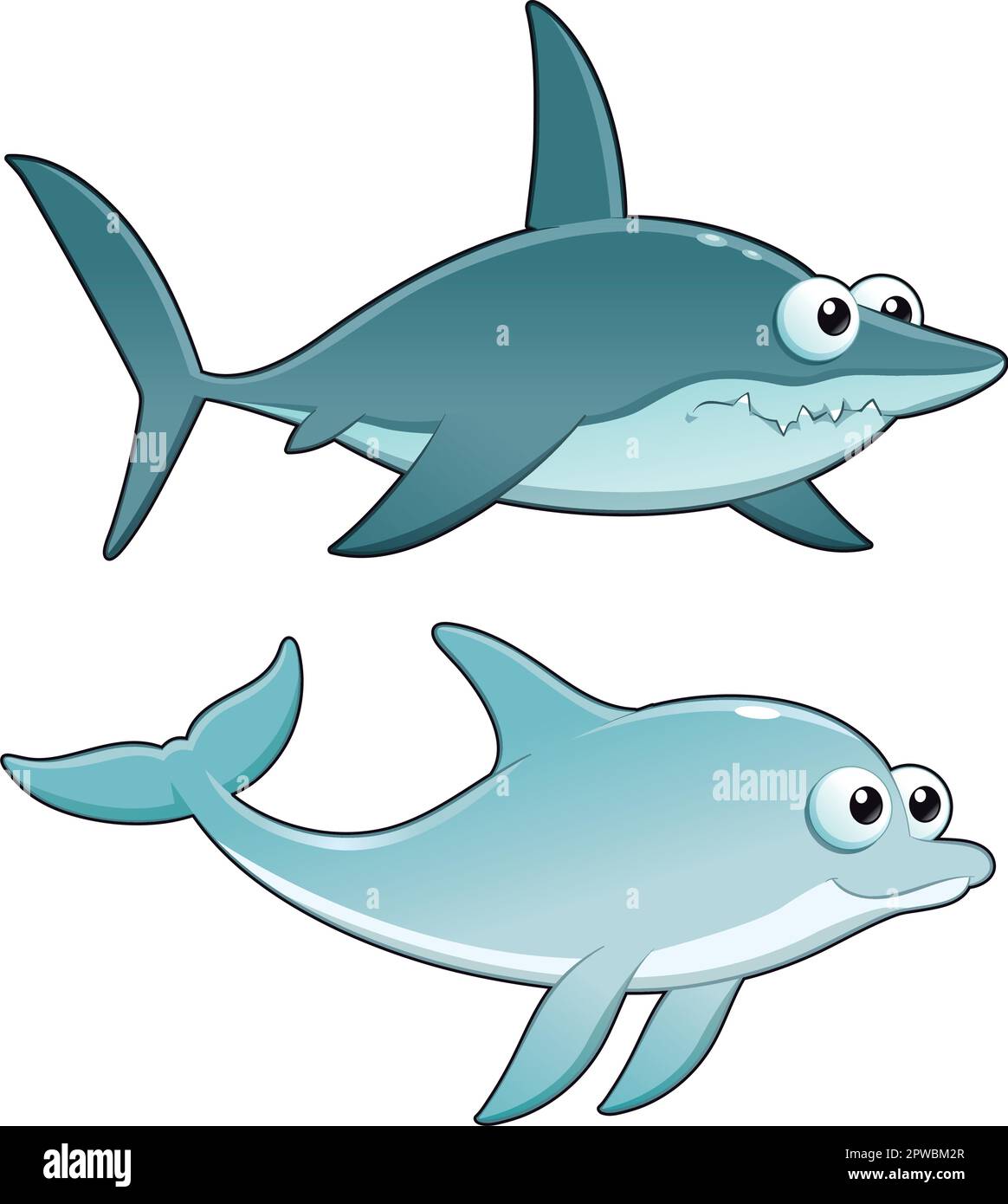 Dolphin and Shark. Funny cartoon and vector isolated characters. Stock Vector