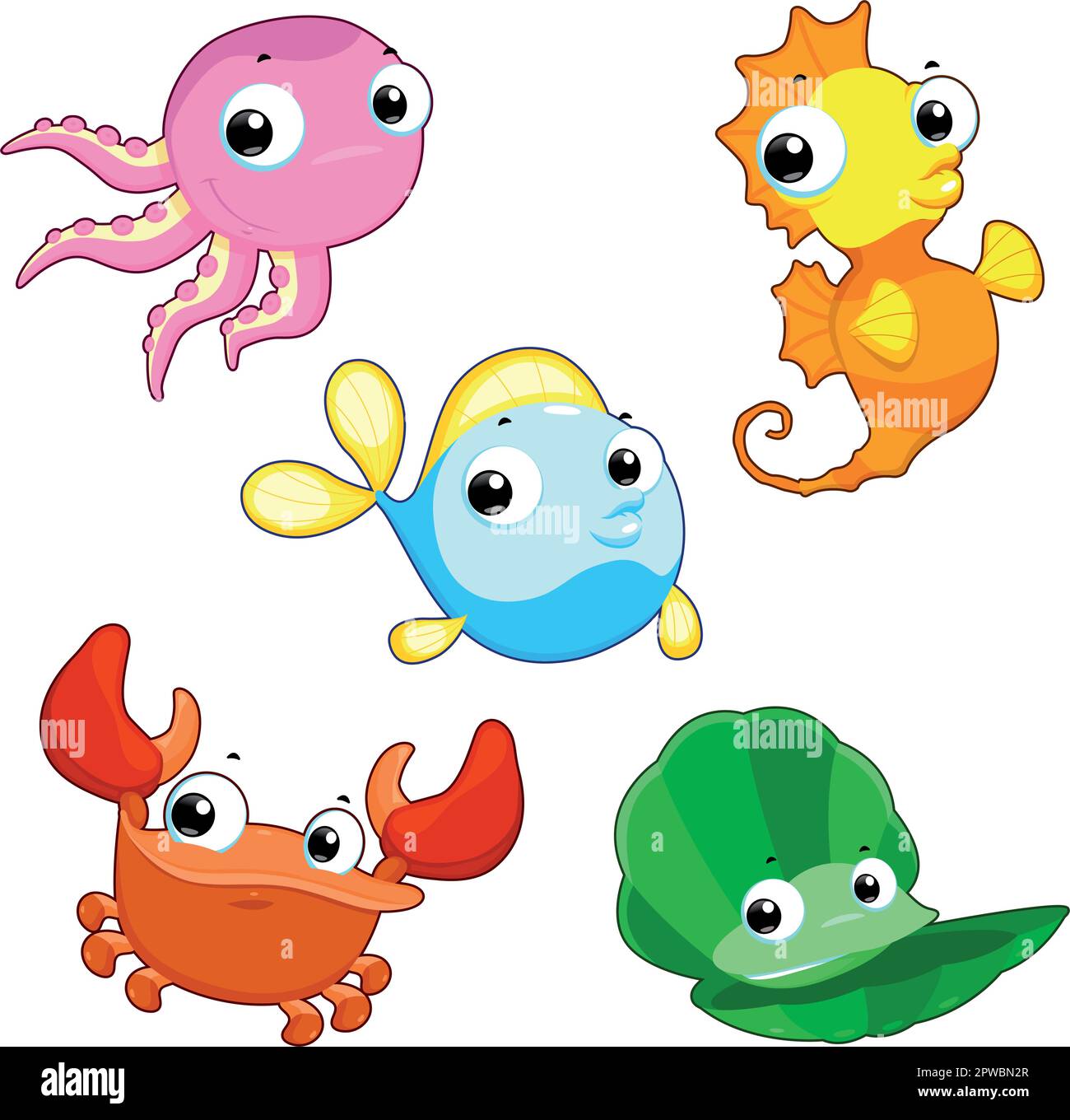Happy sea family. Funny cartoon and vector isolated characters Stock