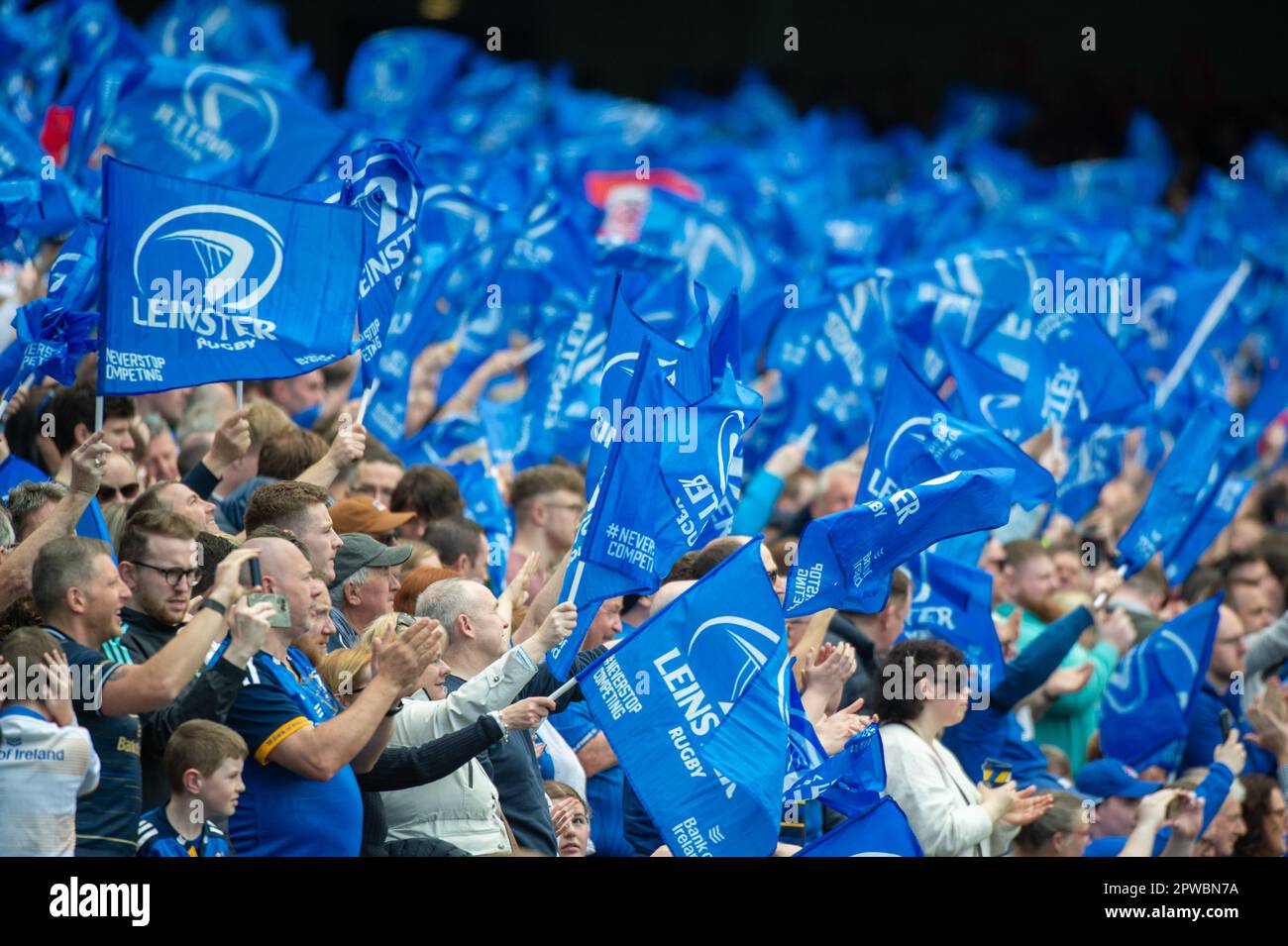 Dublin, Ireland. 29th Apr, 2023. The Leinster fans with the flags
