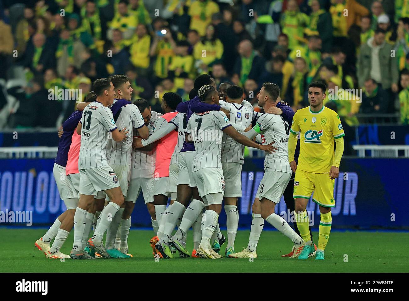 Toulouse players celebrate after winning the French Cup final soccer match between Nantes and Toulouse, at the Stade de France in Saint-Denis, outside Paris, Saturday, April 29, 2023