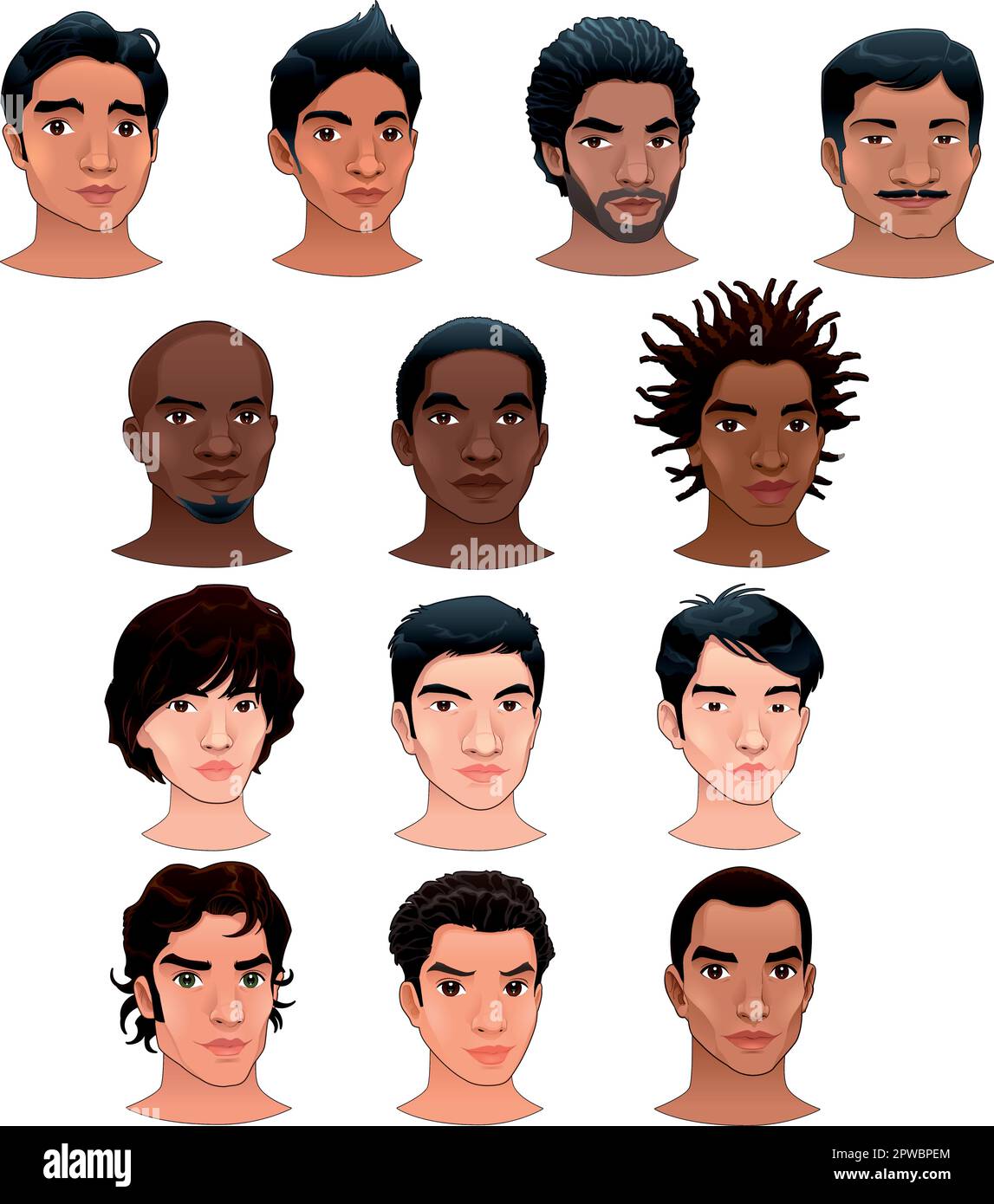 Indian, black, asian and latino men. Vector isolated avatars. Stock Vector
