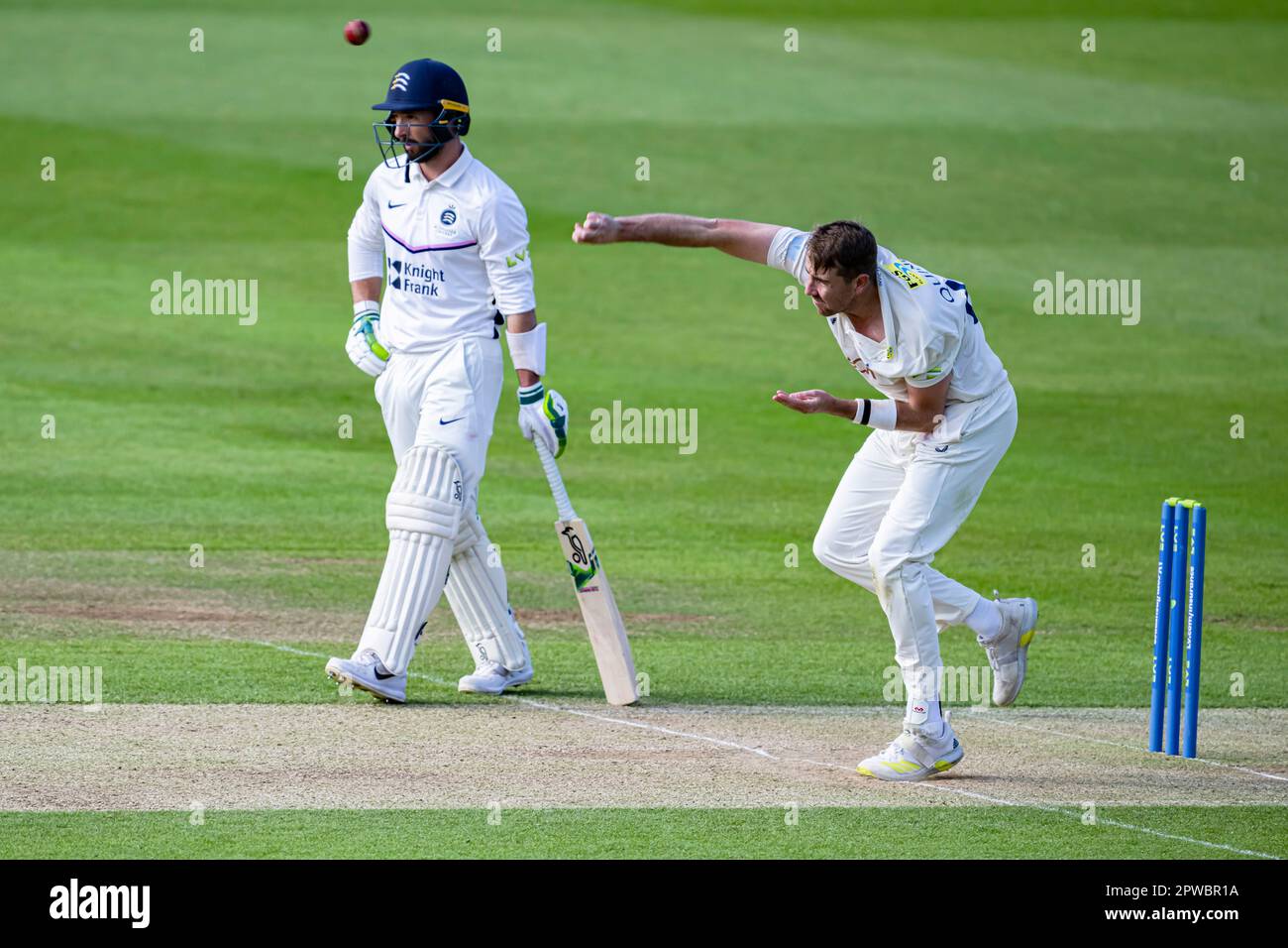 LONDON, UNITED KINGDOM. 29 April, 2023. M. Quinn of Kent (right) bowls