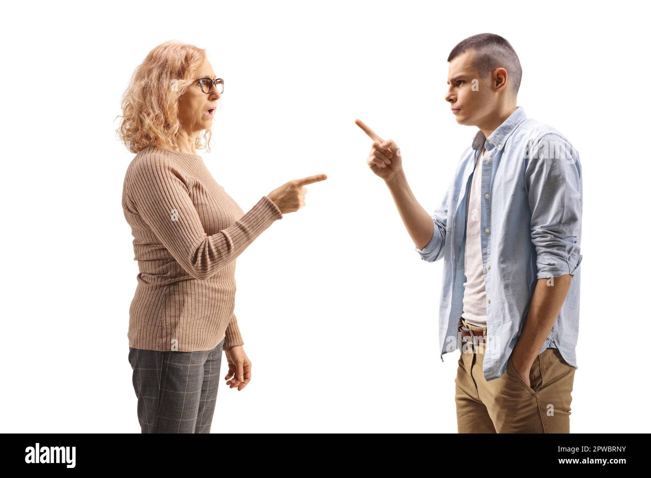 Mother and son having an argument isolated on white background Stock Photo