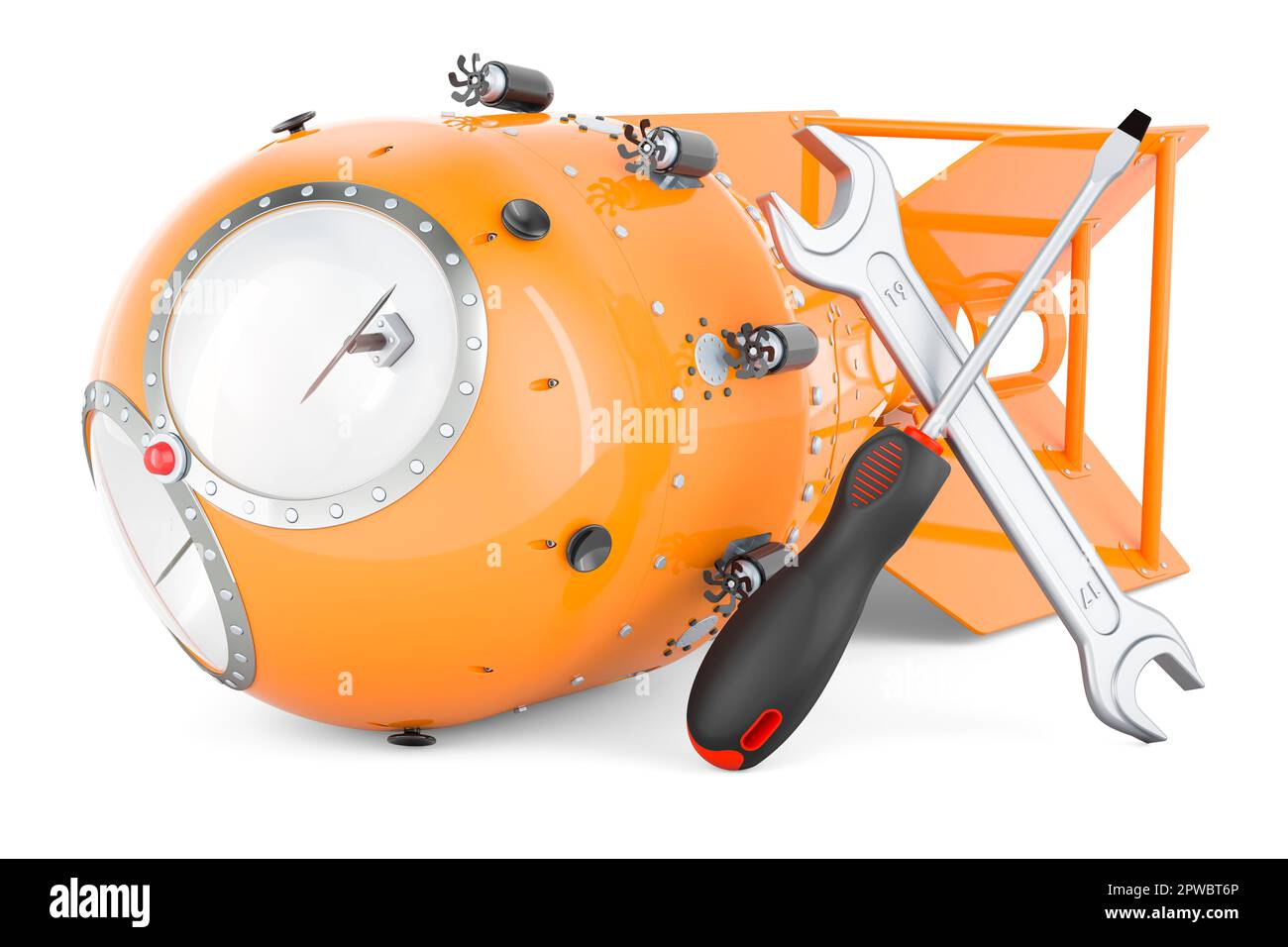 Atomic bomb, nuclear weapon with screwdriver and wrench. 3D rendering