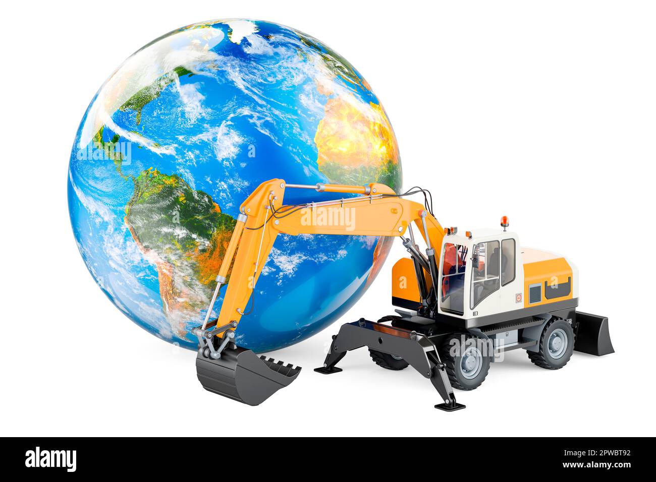 Excavator with Earth Globe, 3D rendering isolated on white background Stock Photo