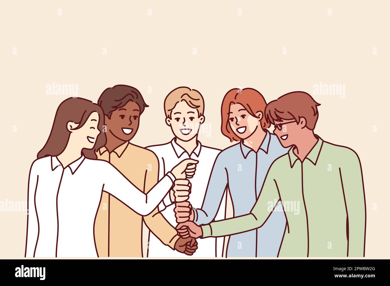 Happy diverse business team of employees celebrating success by touching with fists in center Stock Vector
