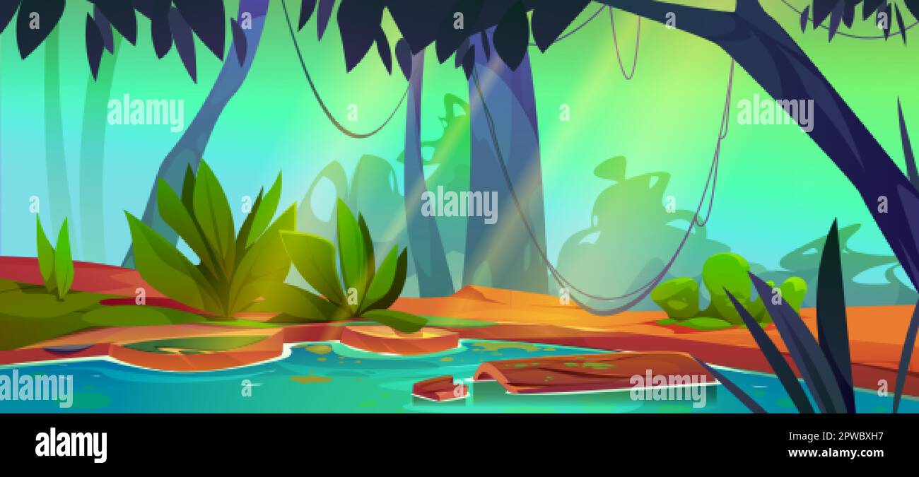 Swamp in jungle forest cartoon vector game background. Tropical scene ...
