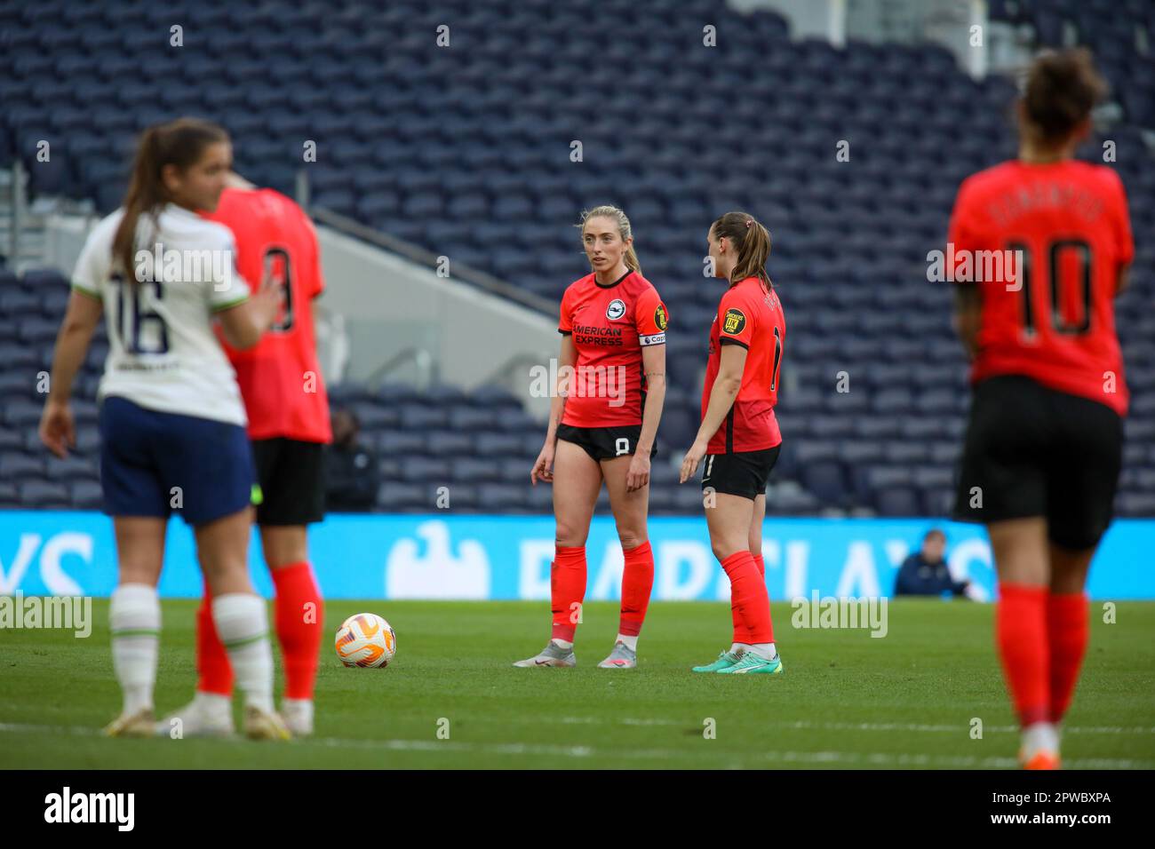 London, UK. 29th Apr, 2023. London, England, April 29 2023: Megan Connolly (8 Brighton & Hove Albion) prepares to take a free kick during the FA Womens Super League game between Tottenham Hotspur and Brighton & Hove Albion in London, England. (Alexander Canillas/SPP) Credit: SPP Sport Press Photo. /Alamy Live News Stock Photo