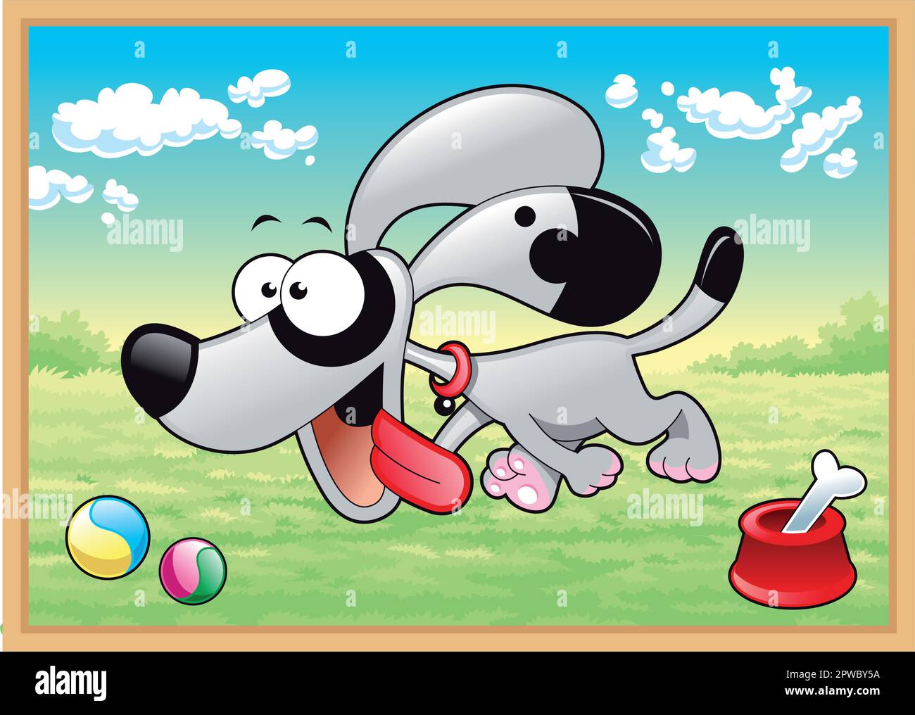 Dog is running in meadow with his toys, vector cartoon illustration Stock Vector