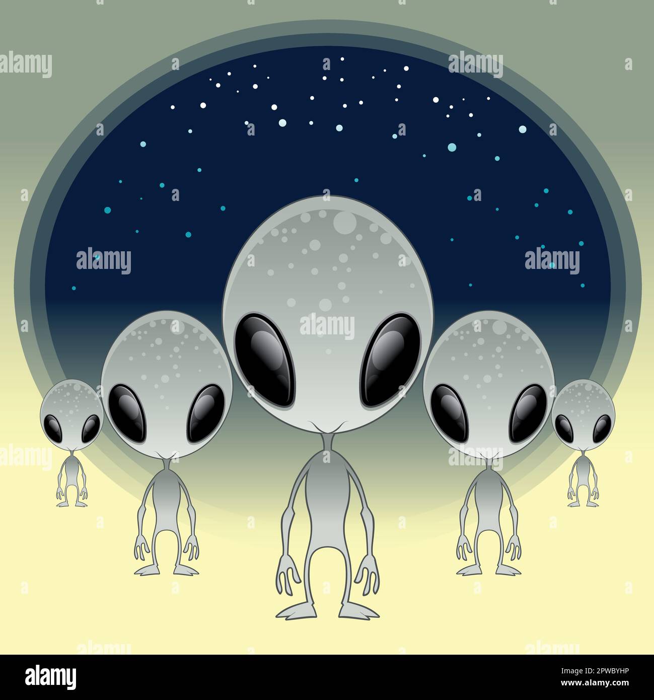 Greys - UFO - Alien. Funny cartoon and vector characters with background Stock Vector
