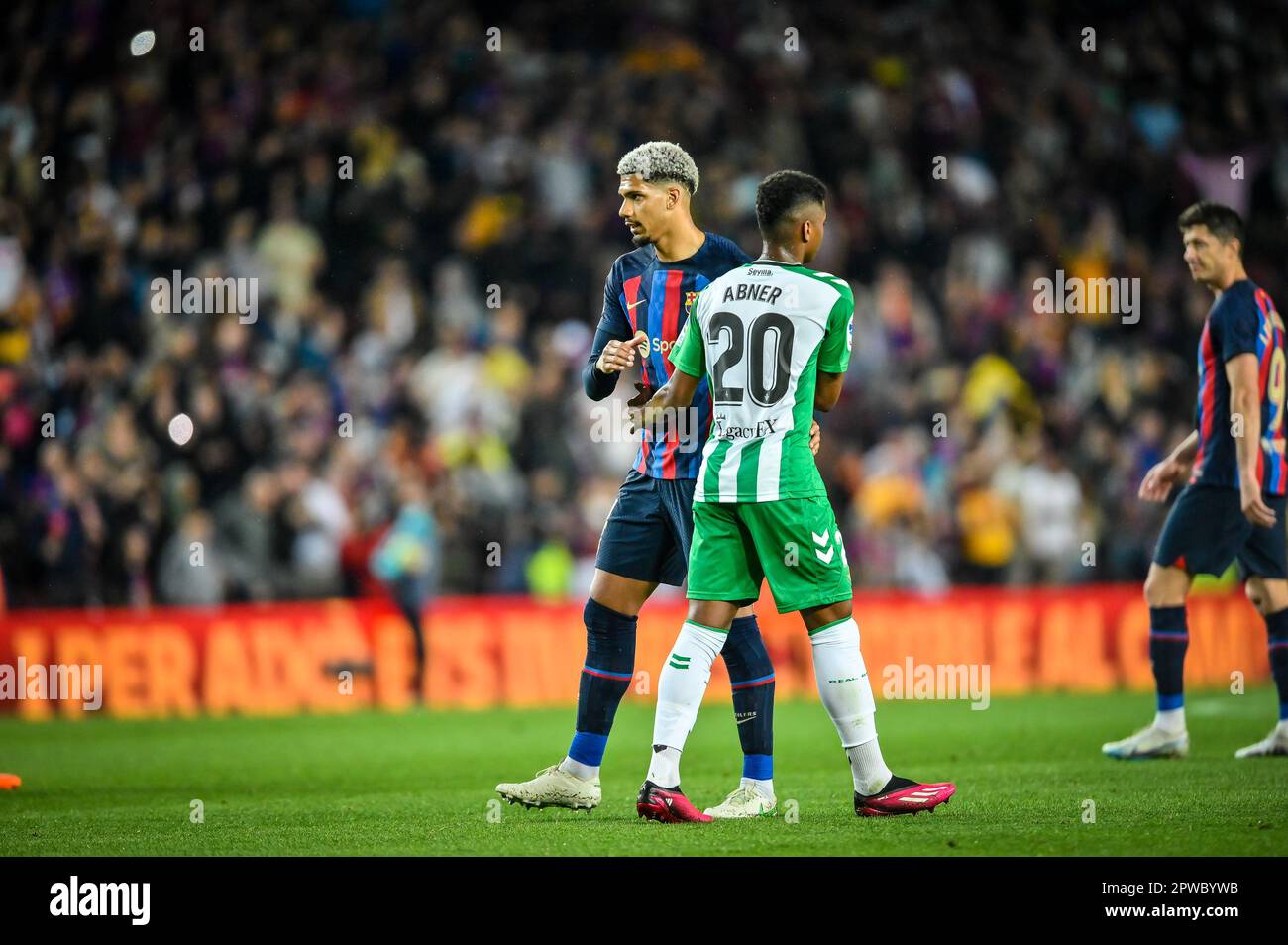 Barcelona, Spain. 29th Apr, 2023. Ronald Araujo (FC Barcelona) and Abner (Betis) during a La Liga Santander match between FC Barcelona and Betis at Spotify Camp Nou, in Barcelona, Spain on April 29, 2023. (Photo/Felipe Mondino) Credit: Independent Photo Agency/Alamy Live News Stock Photo