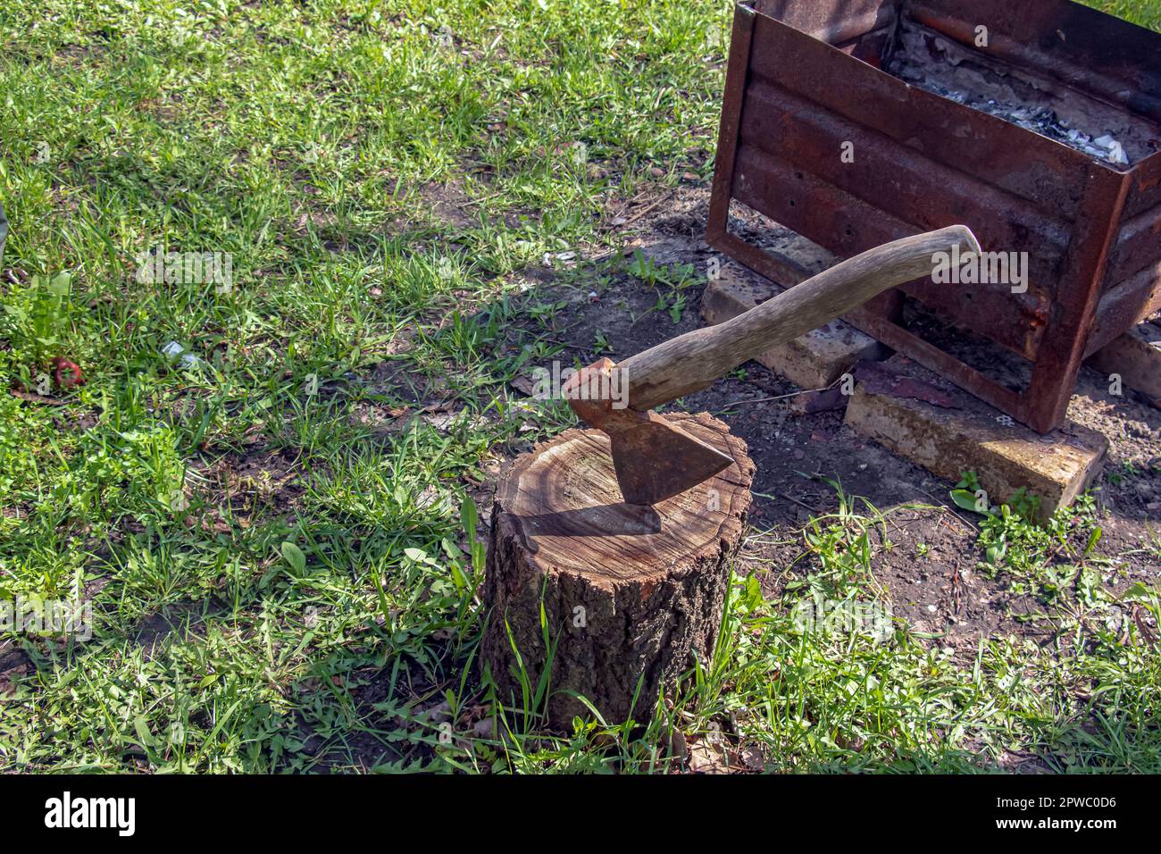 The wood chopper sticks out in wooden hemp. Ax and ax handle. Woodworking. Deforestation by a