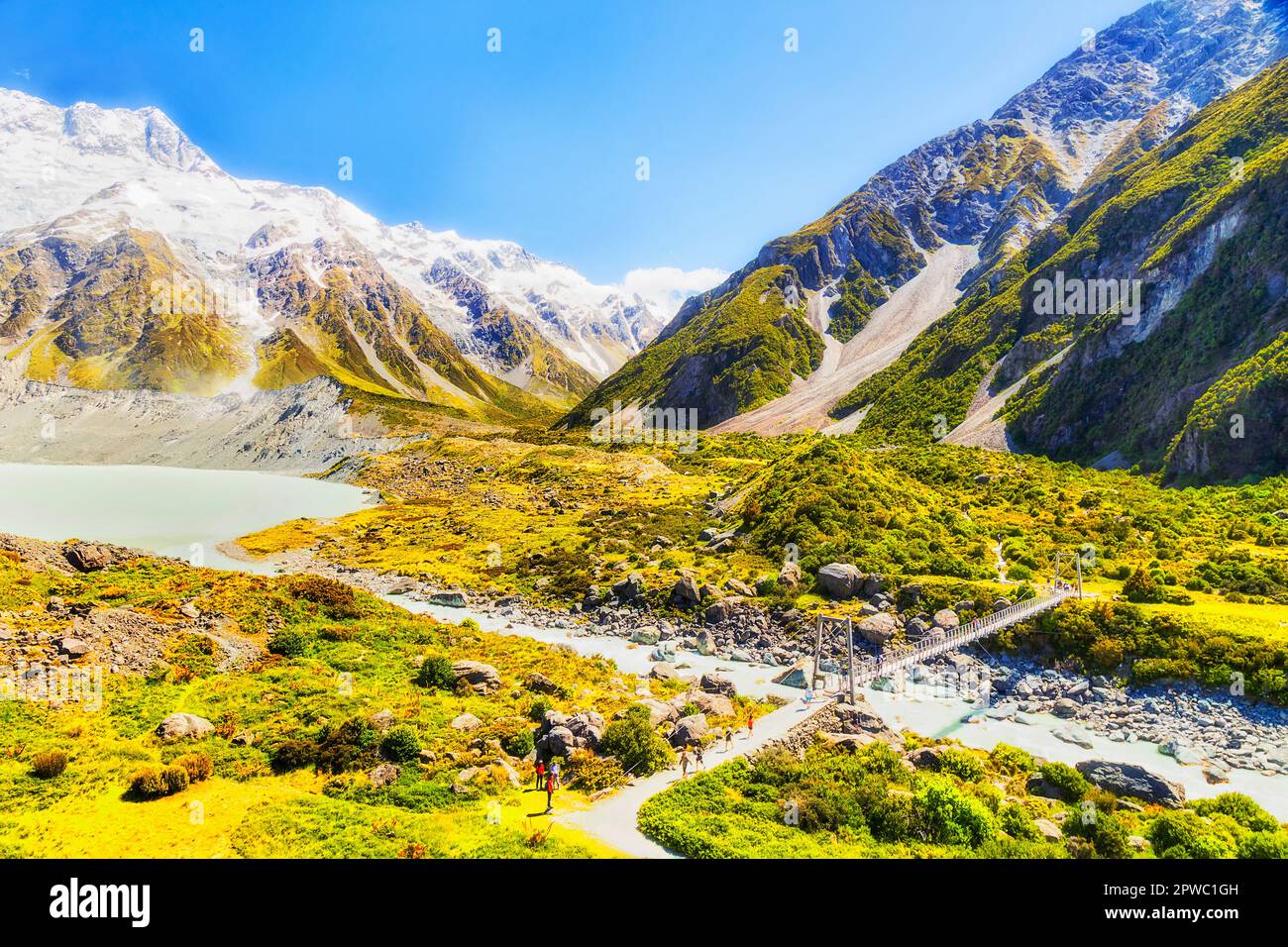 Tasman river Hooker vally walking track to Mt Cook in national park of