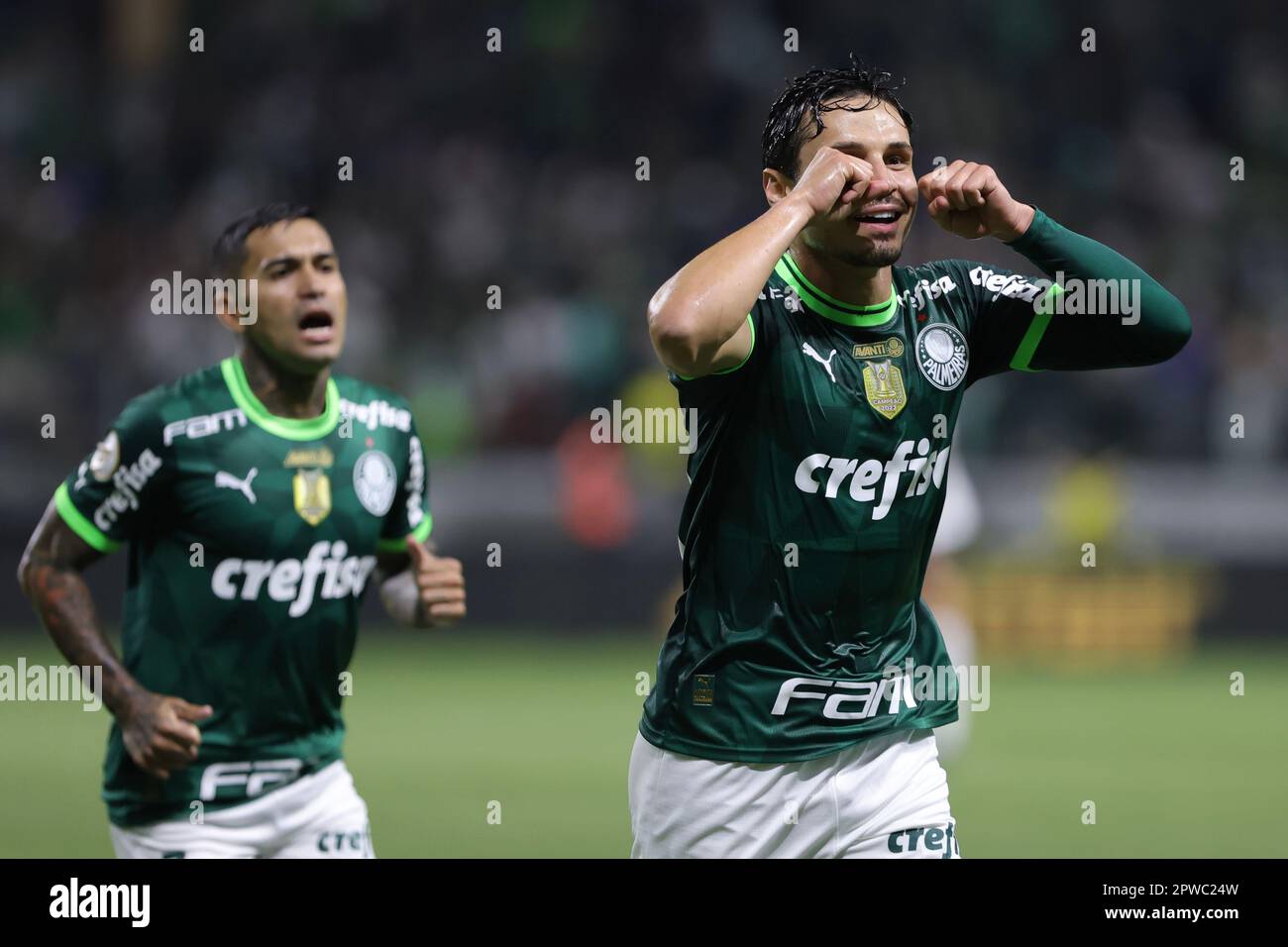 Sao Paulo, Brazil. 03rd Apr, 2022. SP - Sao Paulo - 03/04/2022 - PAULISTA  2022 FINAL, PALMEIRAS X SAO PAULO - Raphael Veiga jogador do Palmeiras  comemora seu gol durante partida contra