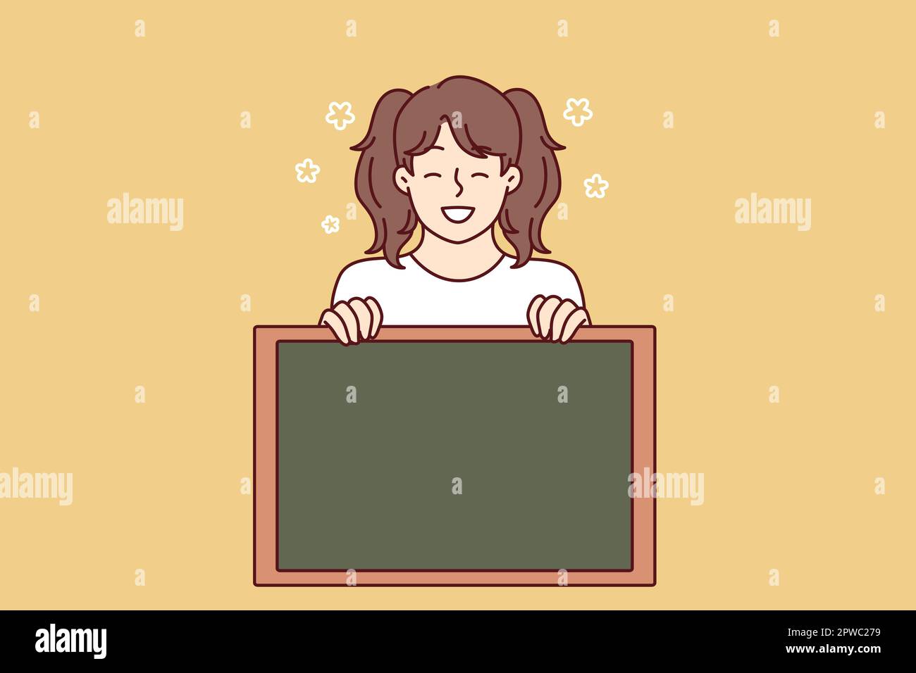 Little girl smiling demonstrates empty chalkboard designed for applying notifications Stock Vector