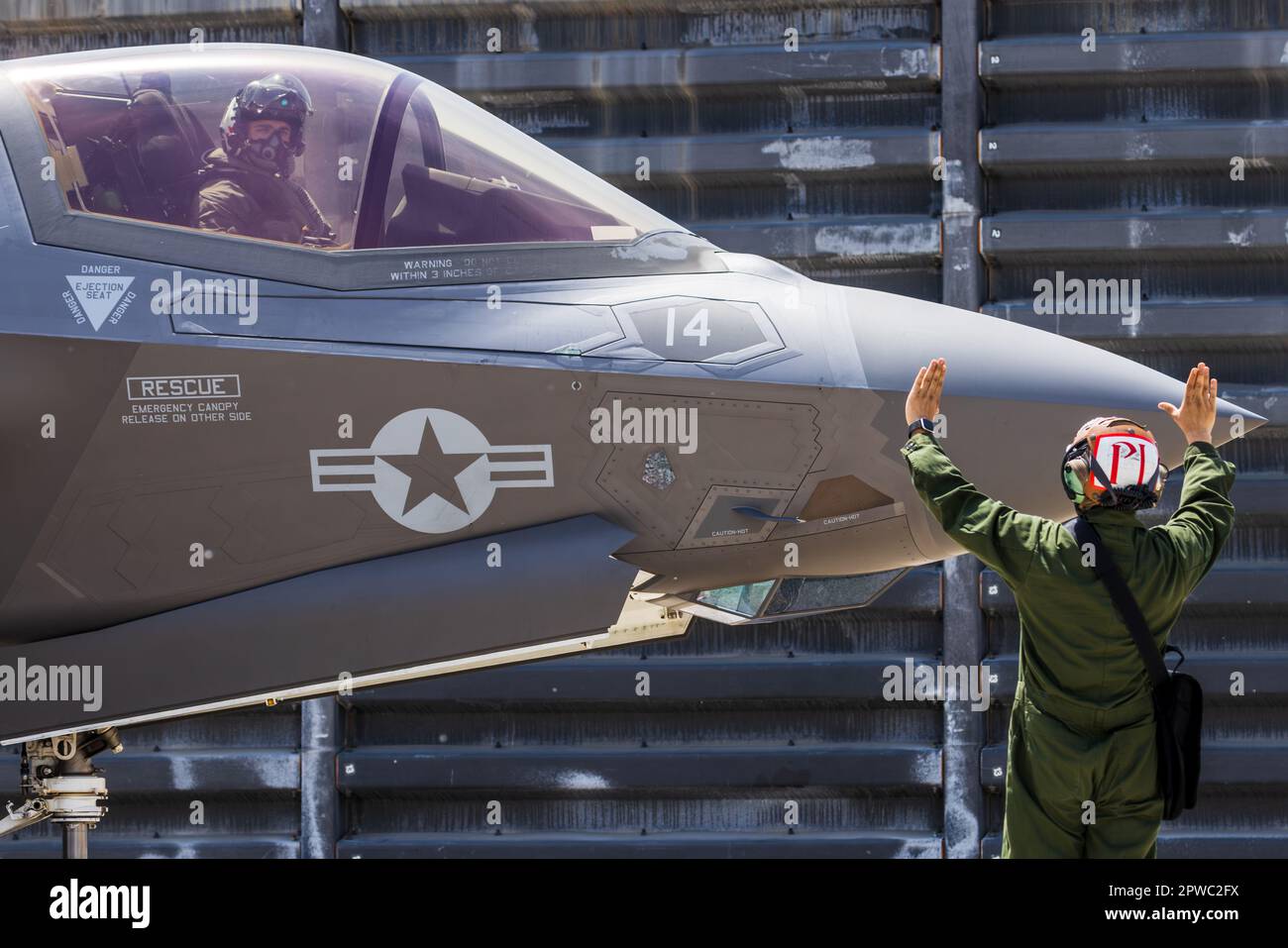 U.S. Marine Corps Cpl. Gabriel Torres-Nunez, a fixed-wing aircraft mechanic with Marine Fighter Attack Squadron 242, Marine Aircraft Group 12, Japan, performs pre-flight operations during the Fiscal Year 2023 Korea Flying Training at Gwangju Air Base, Republic of Korea, April 20, 2023. KFT 23 is a combined training event focused on tactical execution of combat missions and is part of the ROK-U.S. alliance's routine, annual training program. (U.S. Marine Corps photo by Cpl. Raymond Tong) Stock Photo