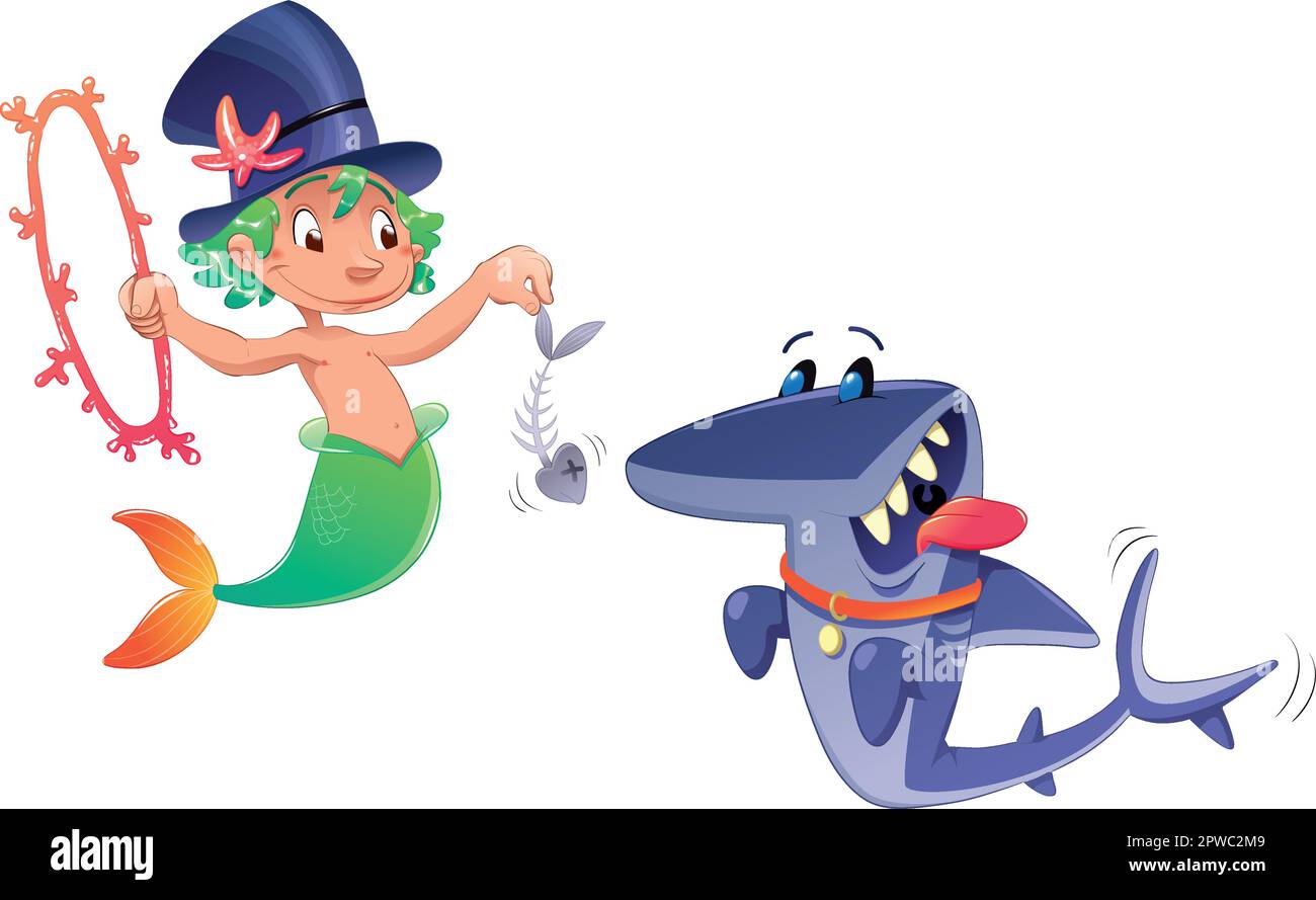 Triton with shark. Funny cartoon and vector characters. Stock Vector