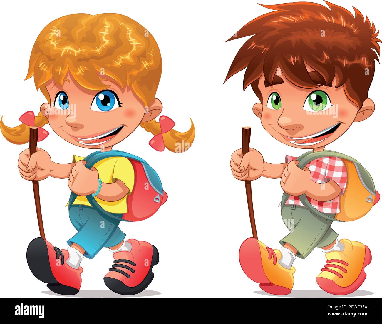 Trekking boy and girl. Funny vector and cartoon isolated characters ...