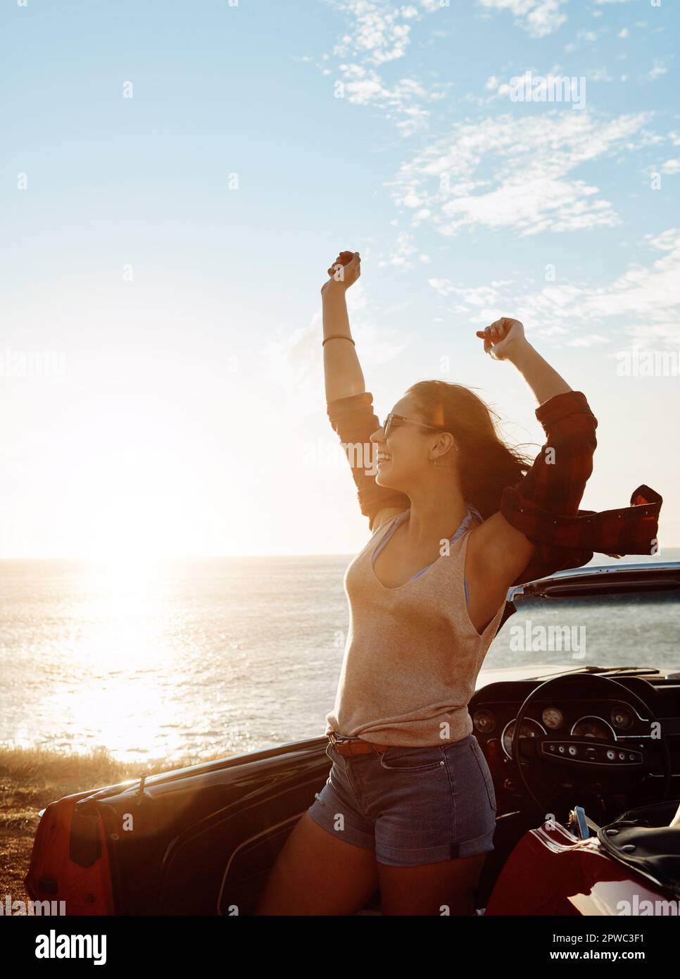 Live a little. a happy young woman enjoying a summers road trip Stock ...