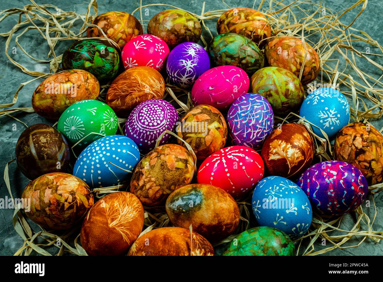 Easter Eggs Naturally Dyed with Onion Skins and other natural colorants Stock Photo