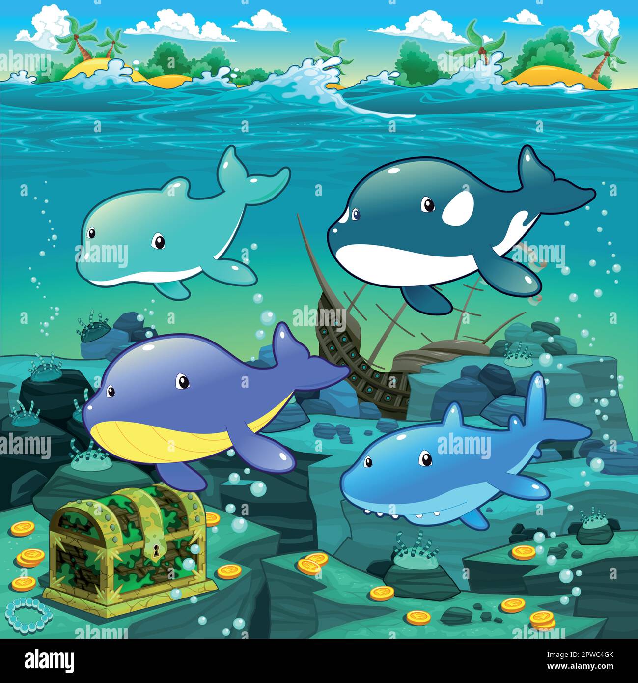 Seascape with treasure, galleon and fish. Vector cartoon illustration Stock Vector