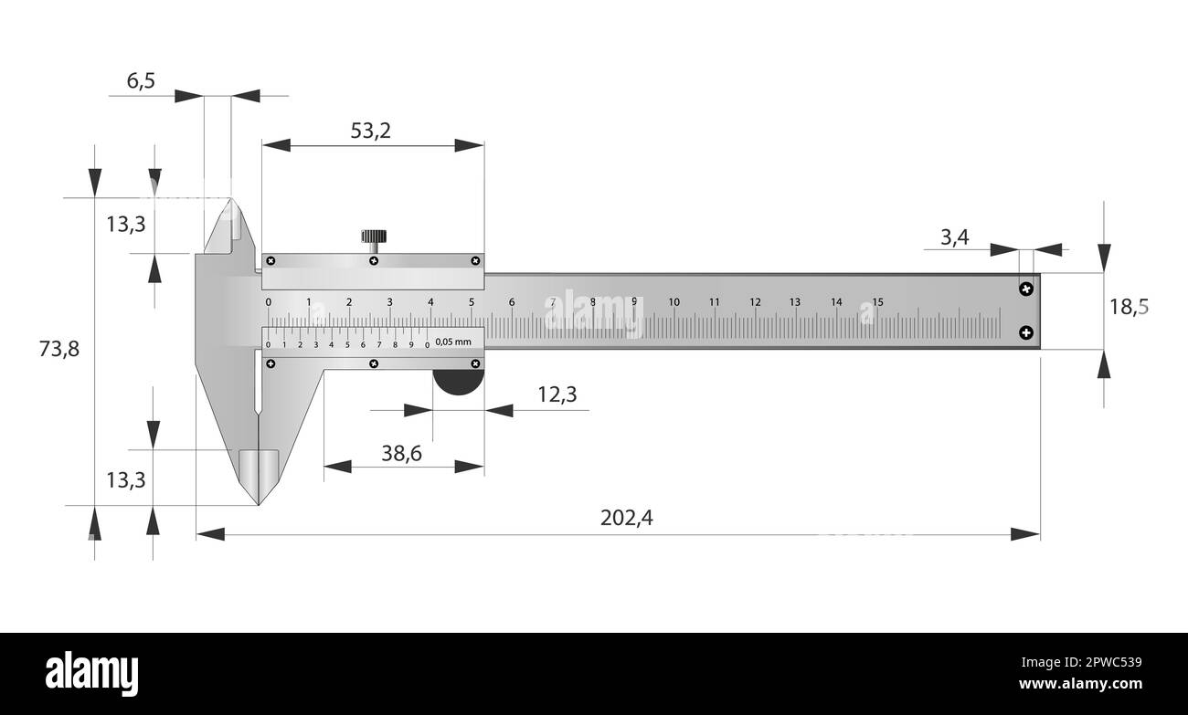 The Vernier caliper with dimensions. Measuring tool and equipment