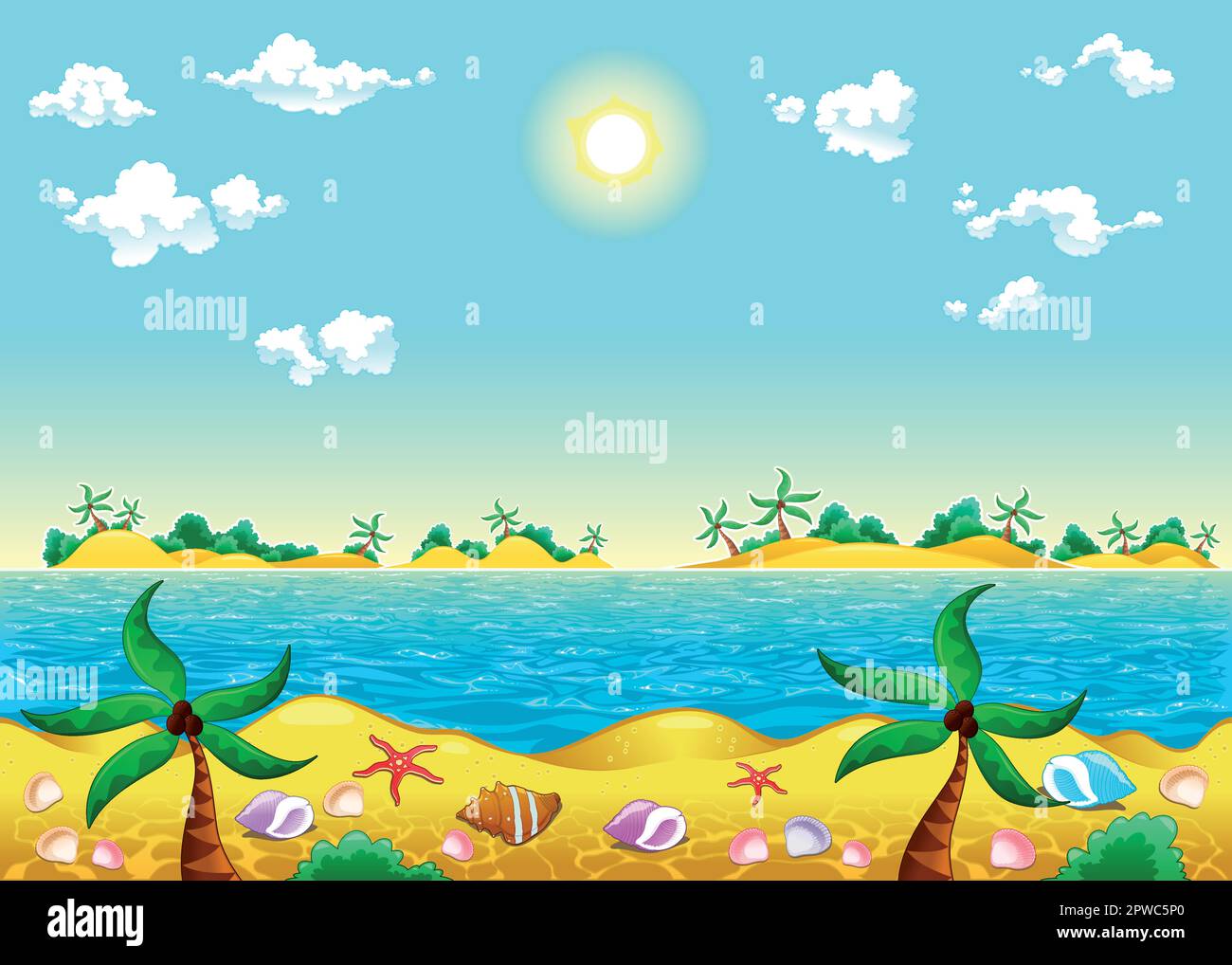 Seashore and ocean. Vector illustration. The sides repeat seamlessly for a possible, continuous animation. Stock Vector