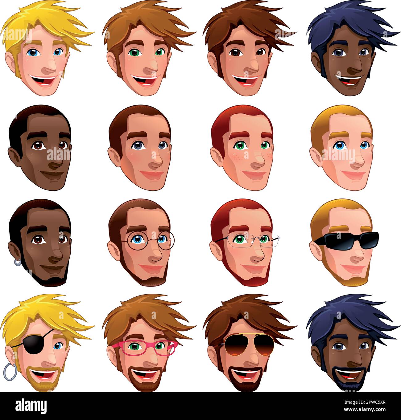 Male faces, vector isolated characters. Glasses, sunglasses and earrings are isolated and interchangeable. Stock Vector