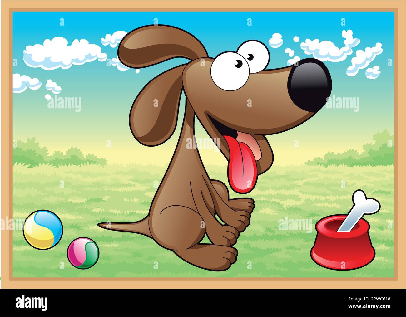 Dog in meadow with his toys, vector and cartoon illustration Stock Vector